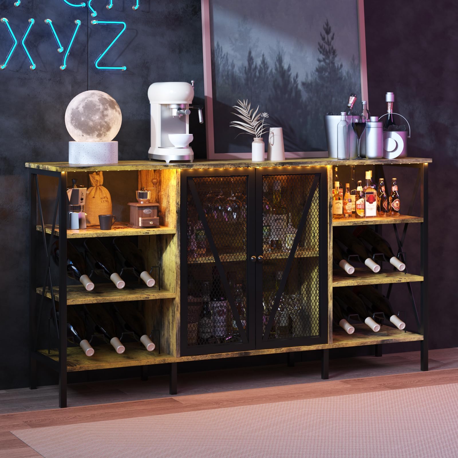 Wine Bar Cabinet with LED Light & Wine Rack