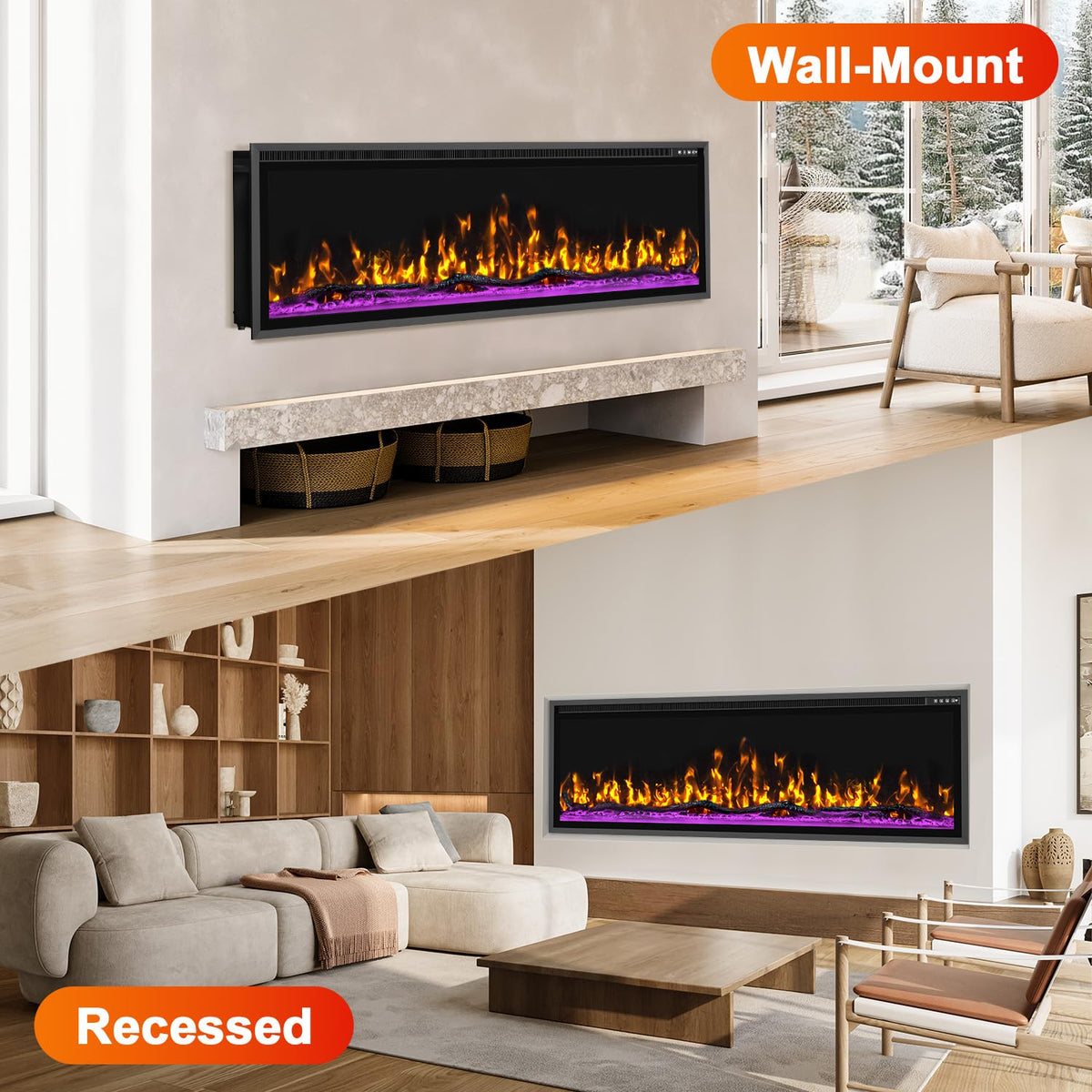 Eshoma 60" Recessed and Wall Mounted Electric Fireplace, Fireplace Heater Recessed and Wall Mounted with Heater, Adjustable 12 Flame Colors and 5 Brightness, Timer, Touch Screen,750/1500w
