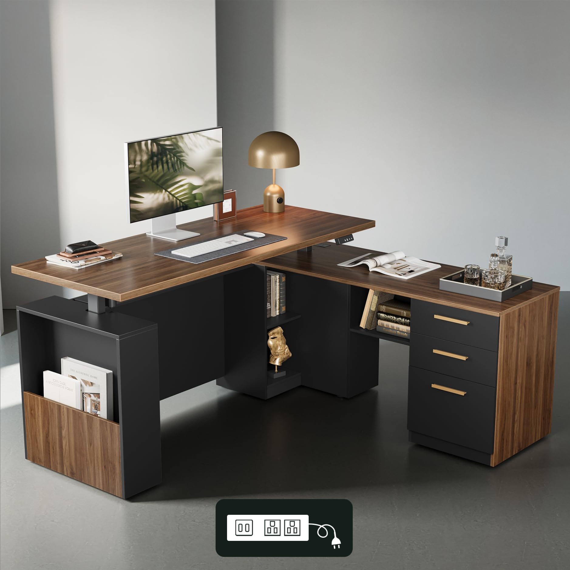 L-Shaped Electric Standing Desk with File Cabinet