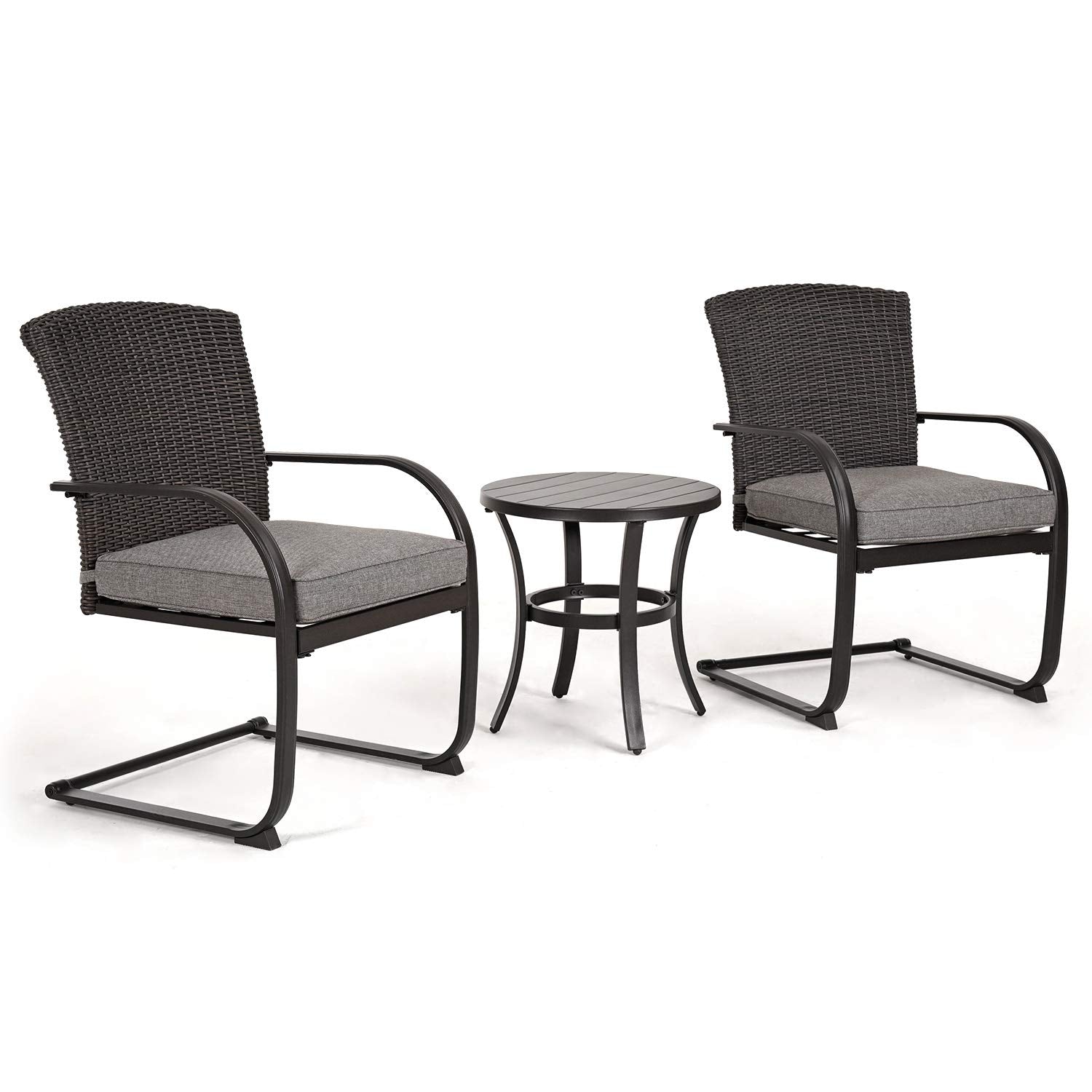 Grand patio 3-Piece Bistro Set, Outdoor Wicker Table Set, Rocking Wicker Chairs with Removable Cushions and Small Coffee Table, Patio Furniture Sets for Balcony, Porch, Grey