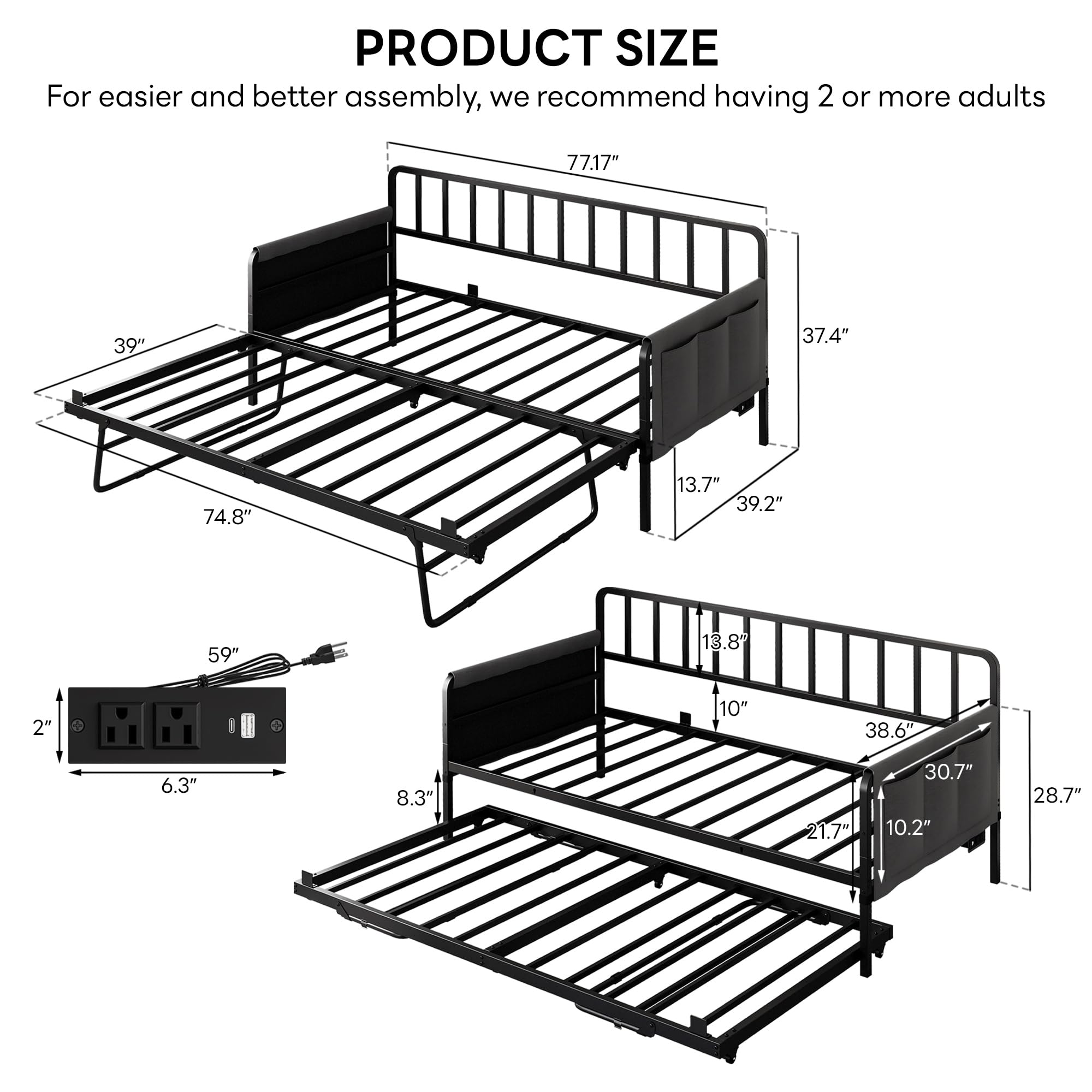 LIKIMIO Twin Daybed with Trundle, Charging Station & LED Lights, Metal Sofa Bed Frame with Side Storage, Noise-Free, No Box Spring Needed for Small Space, Guest Room, Living Room