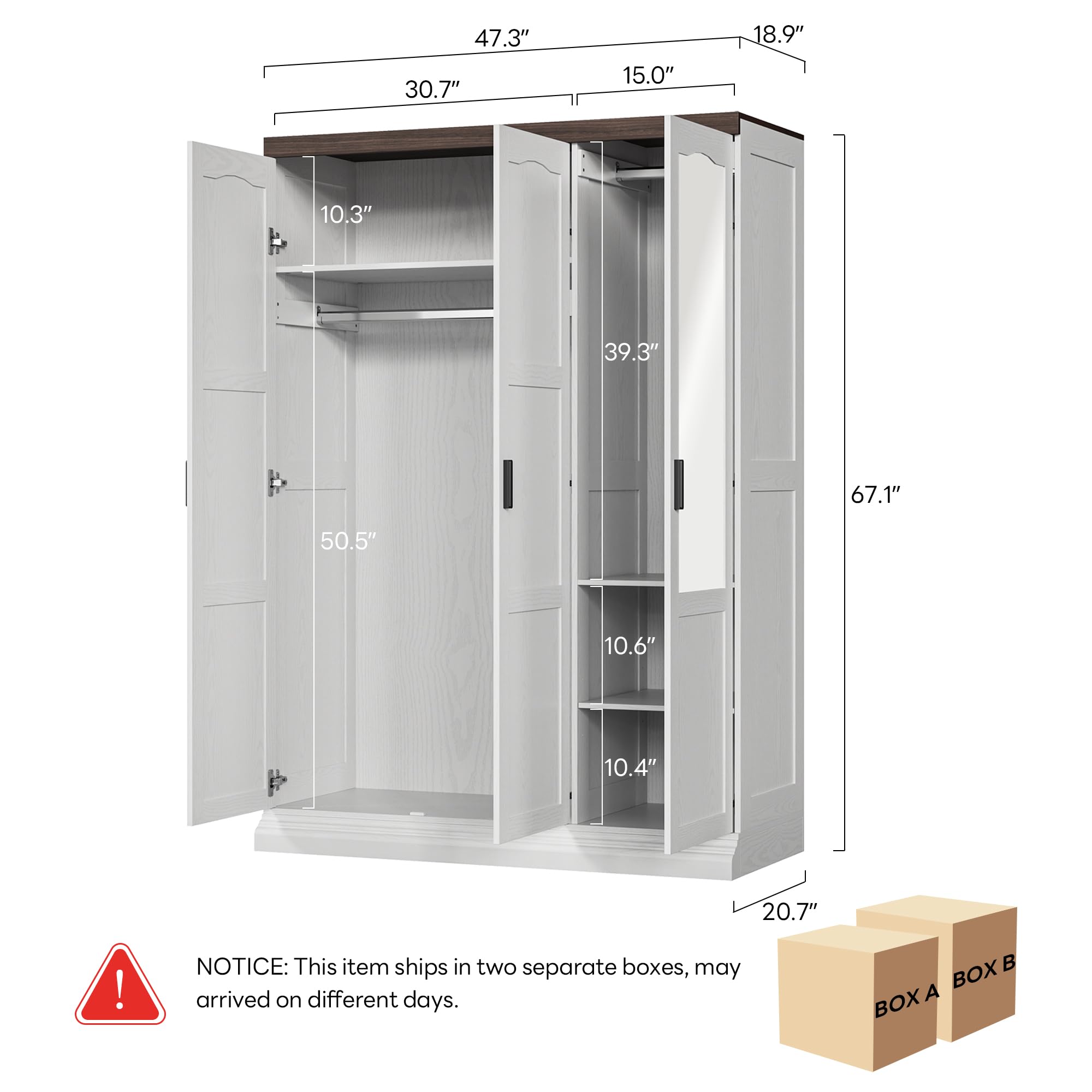 ANCTOR 3 Door Armoire Wardrobe Closet with Mirror, Large Wardrobe Closet with Doors, White Armoire for Bedroom with Hanging Rods & Shelves for Long Clothing, Short Clothing and Stacking, Modern