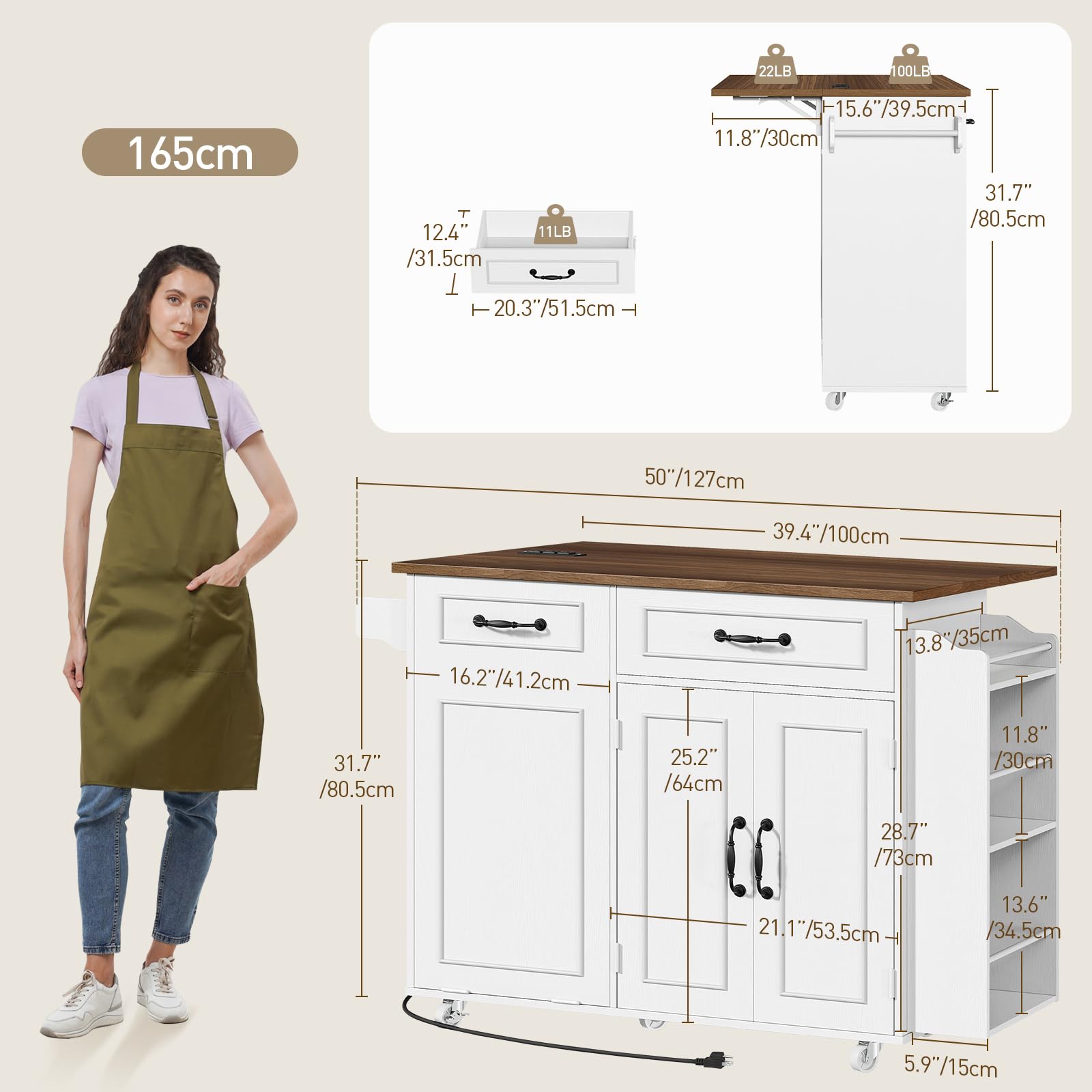 Kitchen Island with Power Outlet & Drop Leaf