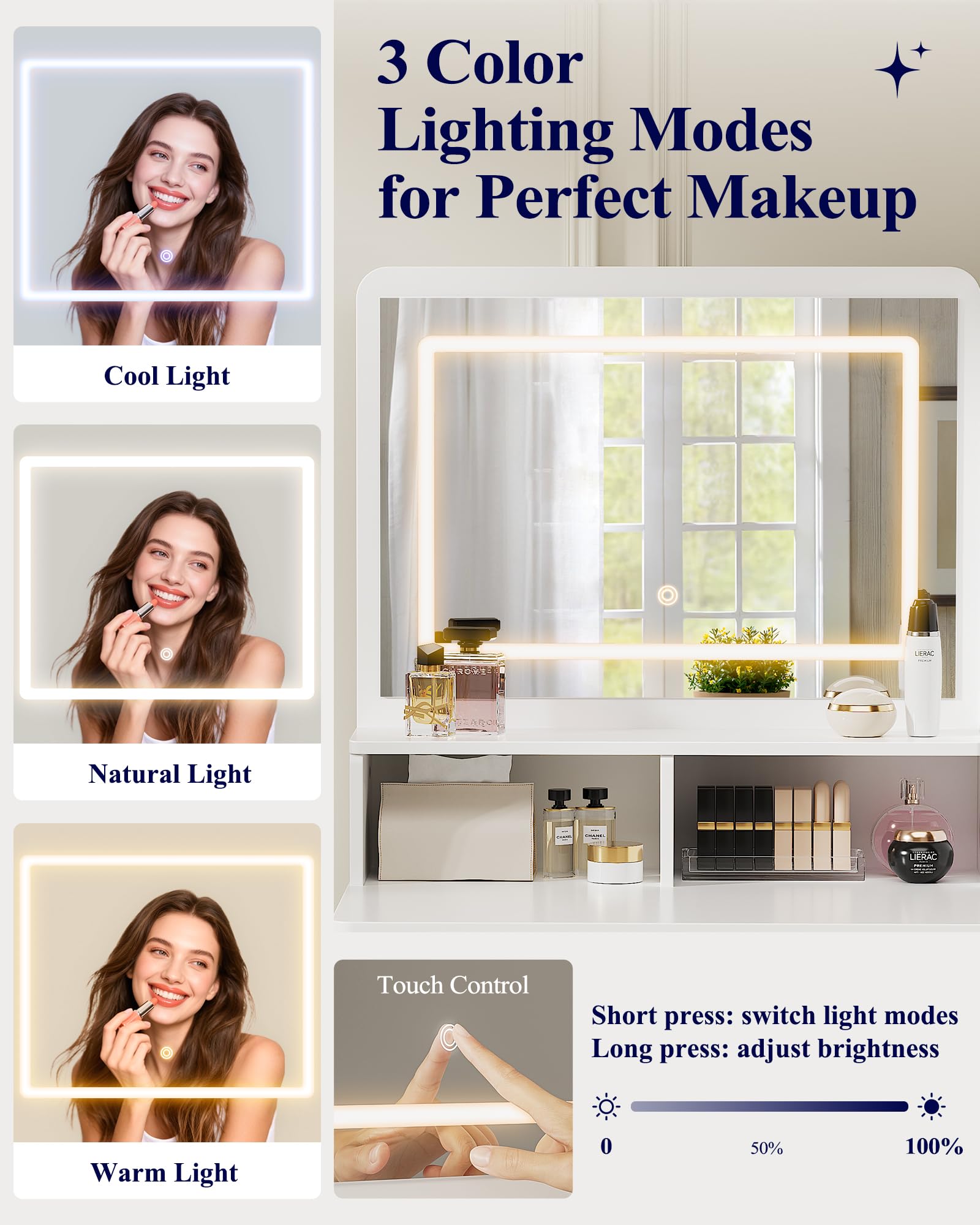 Kitsure Vanity Desk with Mirror and Lights - Large Capacity Makeup Vanity with 4 Fabric Storage Drawers & 3 Lighting Modes, Vanity Table Set with Sturdy Metal Frame for Bedroom, White, 35" x 17" x 52"