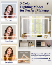 Kitsure Vanity Desk with Mirror and Lights - Large Capacity Makeup Vanity with 4 Fabric Storage Drawers & 3 Lighting Modes, Vanity Table Set with Sturdy Metal Frame for Bedroom, White, 35" x 17" x 52"