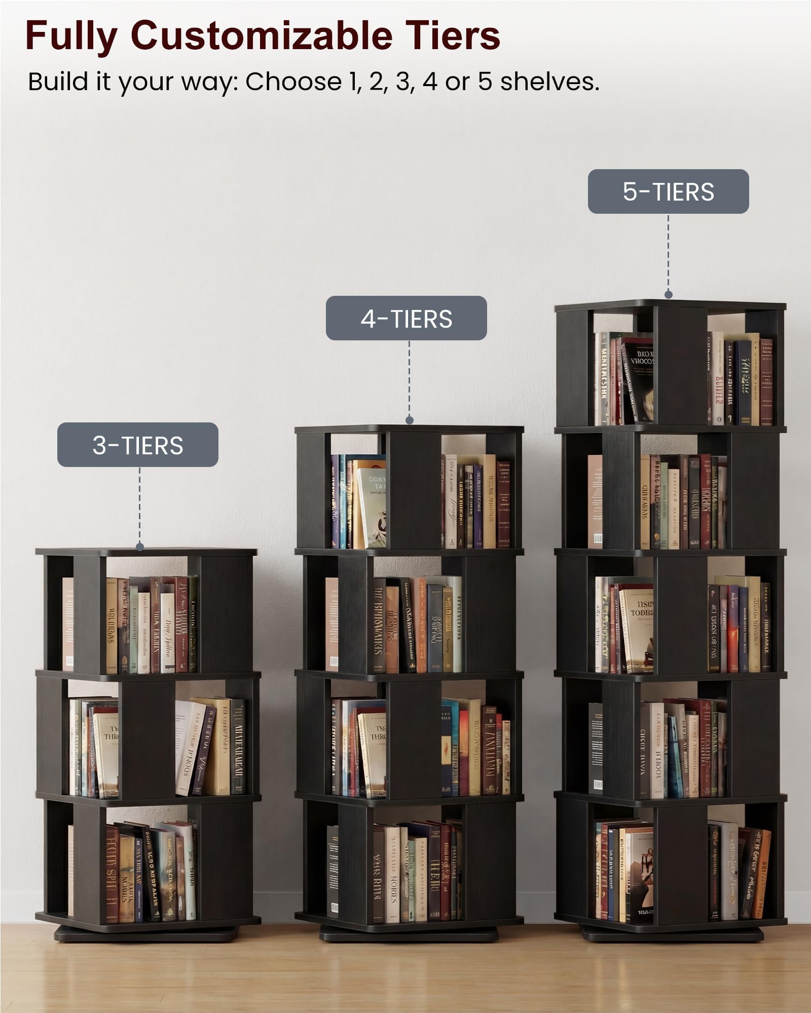 Foxemart 5-Tier Rotating Bookshelf Tower, 360° Spinning Modern Book Storage Bookcase, Stable Display Corner Book Shelf for Kids Room, Living Room, Bedroom, Home Office, Black