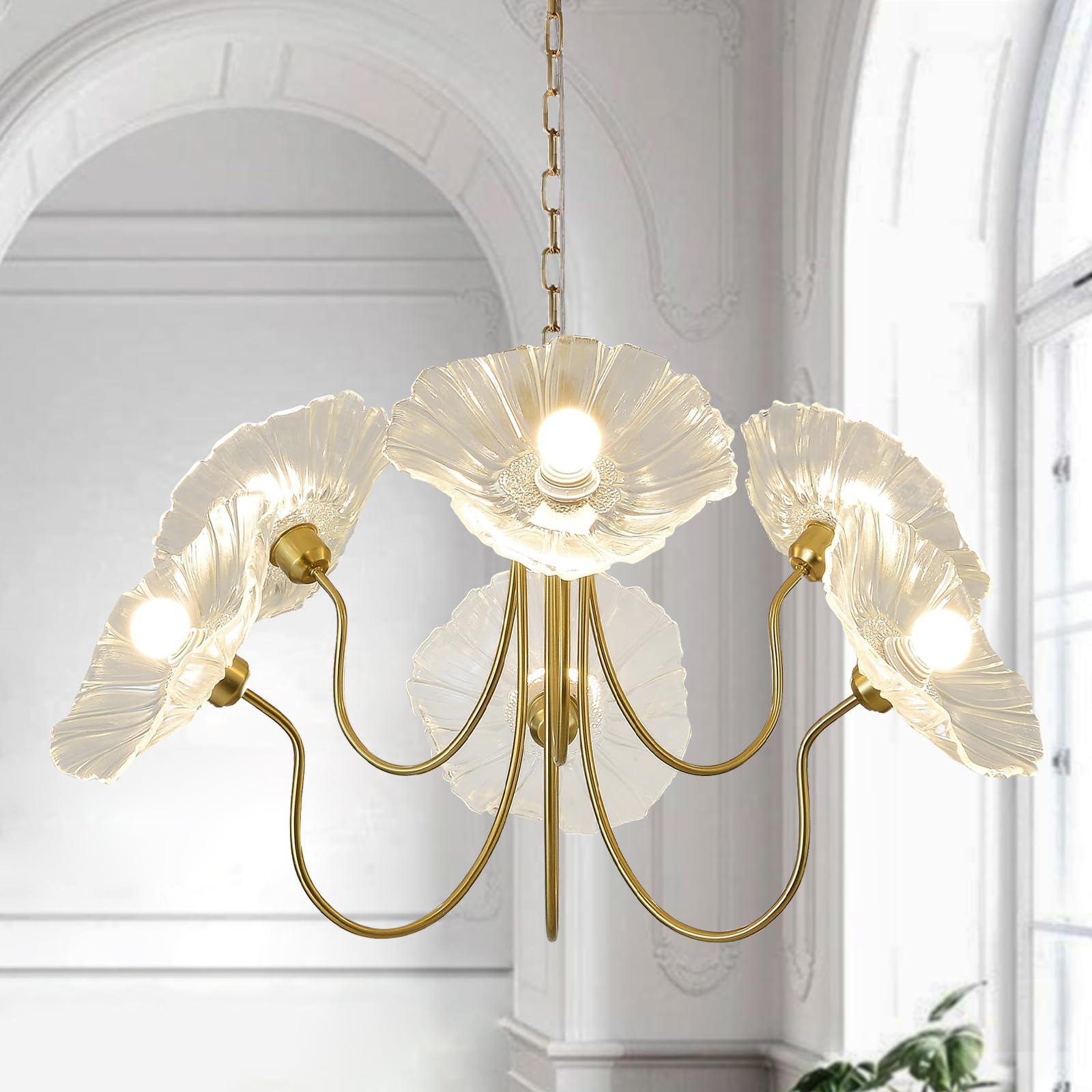 APLampara 33.4" Modern Floral Glass Chandelier, 6-Light Extra Large Ceiling Light Fixture with Clear Flower Shades, Brass Gold Accents for Living Room, Bedroom, Dining Room