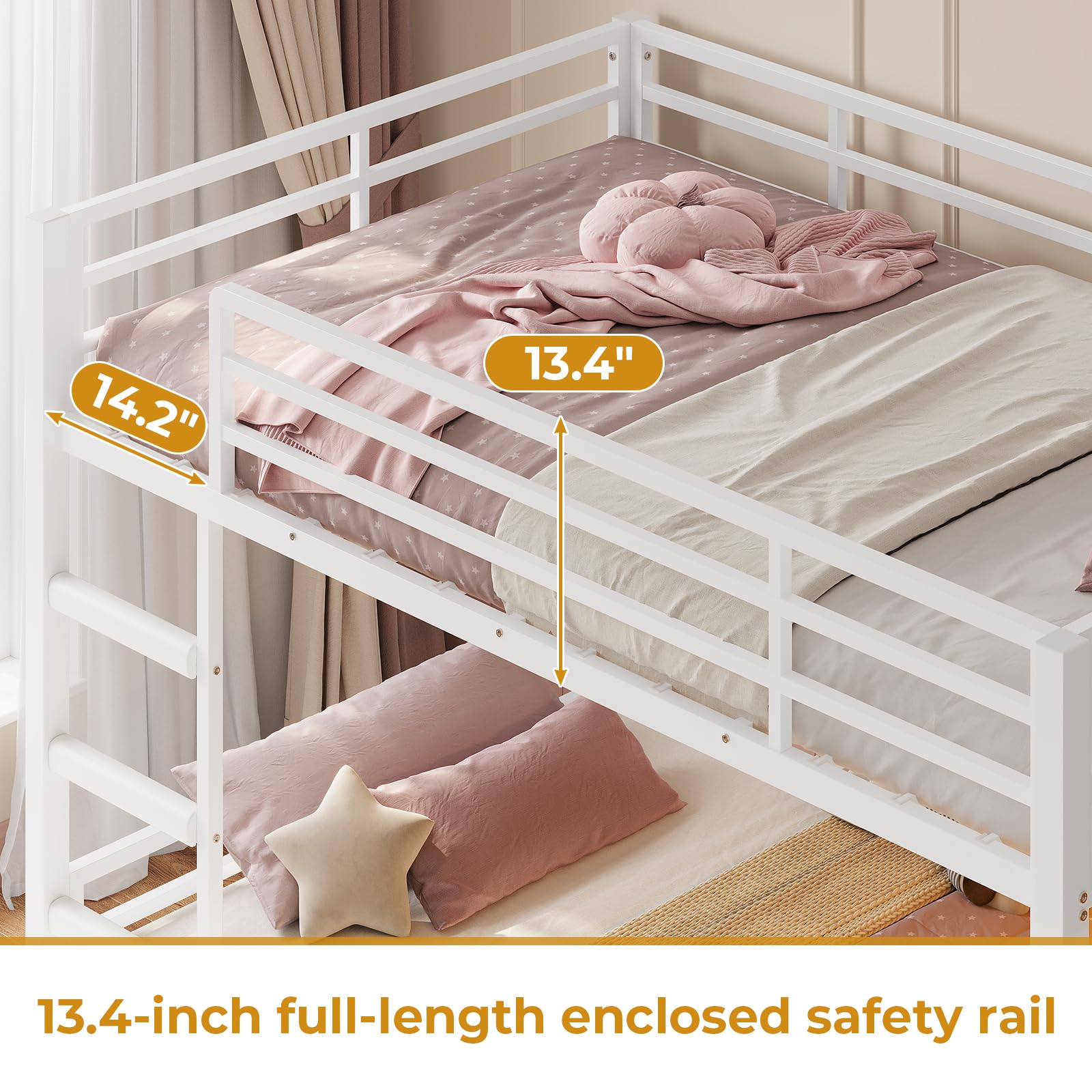 ADORNEVE Low Bunk Bed Twin Over Twin with Sling Bookshelves, Storage Drawers & Power Outlet, LED Metal Floor Bunk with Full-Length Guardrail & Metal Slats, No Box Spring Needed, for Kids, White