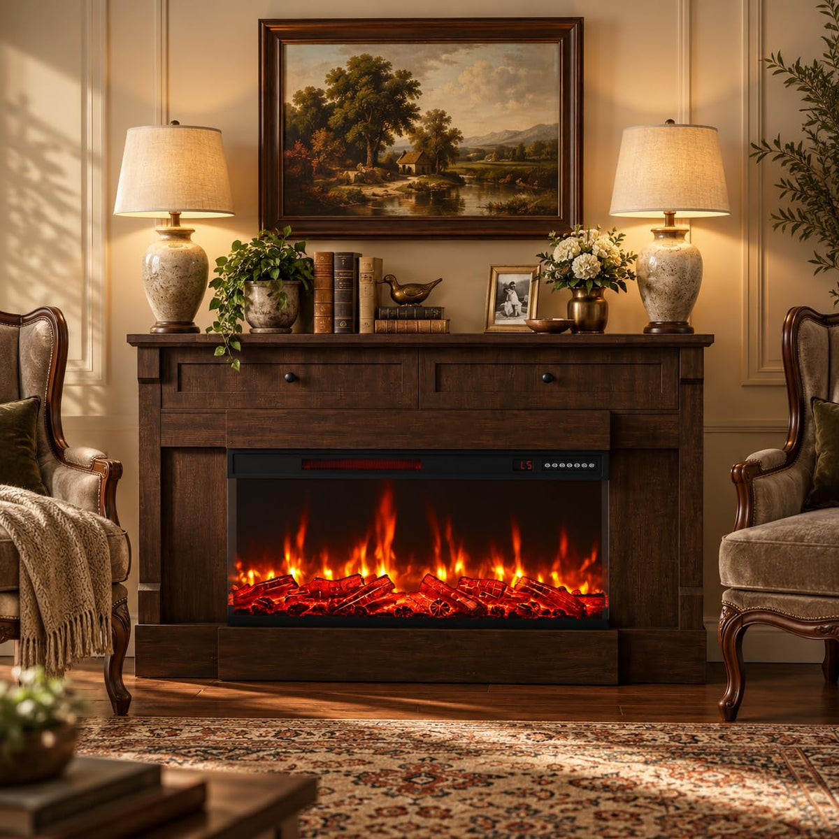 BREEZEHEAT Electric Fireplace with Mantel, 61" Farmhouse TV Stand