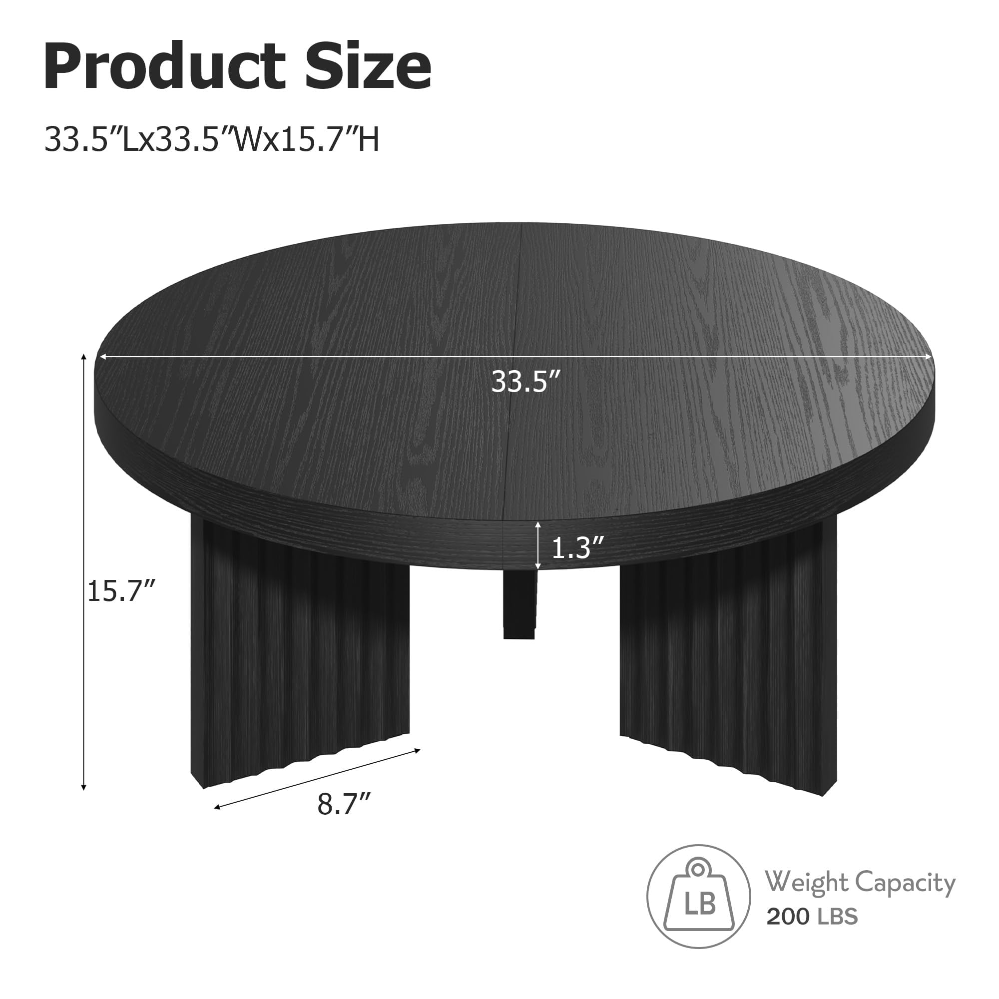 Garvee 33.5" Round Coffee Table, Circle Center Table with Fluted Legs & 1.3" Thick Top, Accent Sofa Tables for Living Room, Bedroom, Easy Assembly, Black