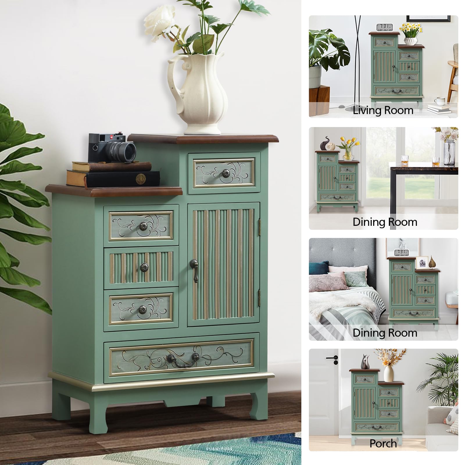 Vintage Accent Cabinet with 5 Drawers & Door – Carved Wood Storage Dresser