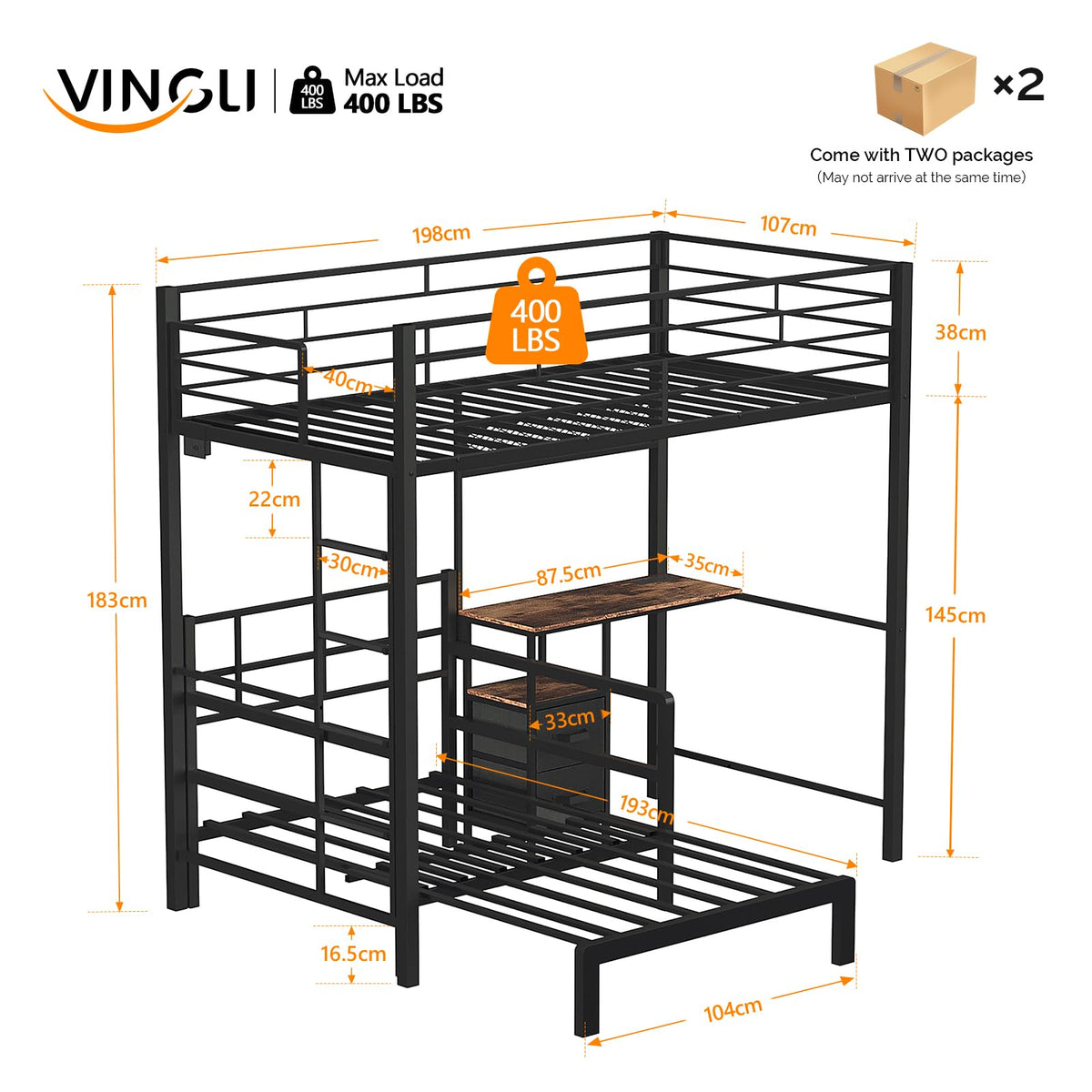 VINGLI Twin Over Twin Bunk Bed with Desk, 15'' Extra High Guardrail Loft Bed with LED Lights,2 Charging Station,and 2 Storage Drawers,2 Deckers Bed,Metal Space Saving Platform Bed with Vanity,Black