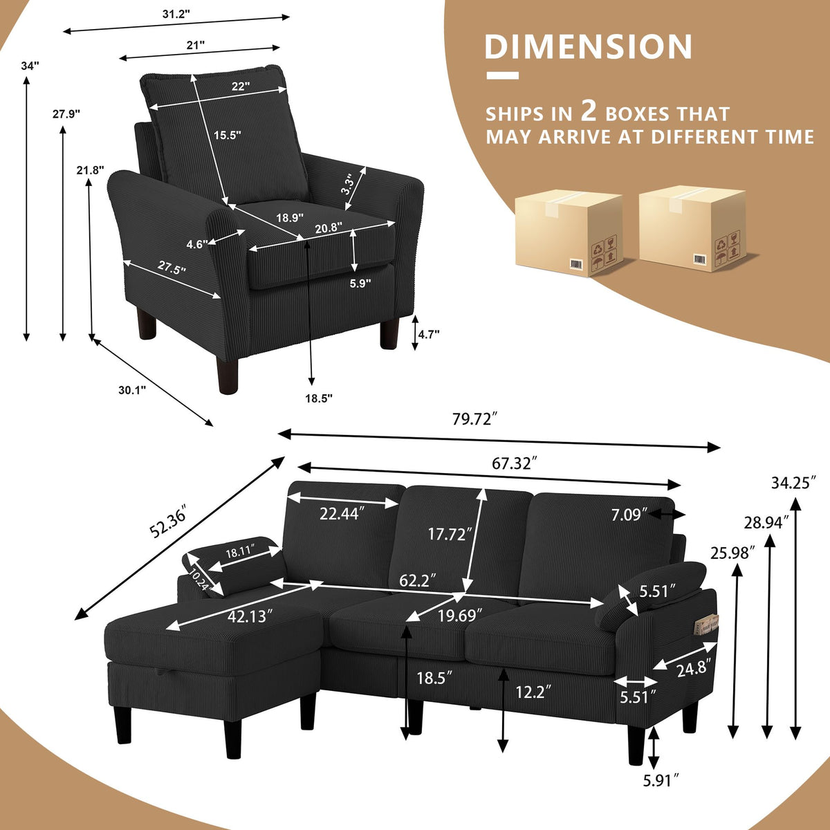 3-Piece Corduroy Sofa Set
