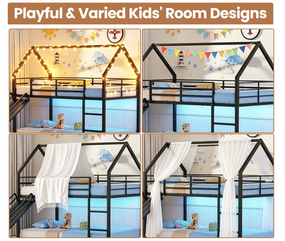 Twin Bunk Bed with Slide & LED Lights