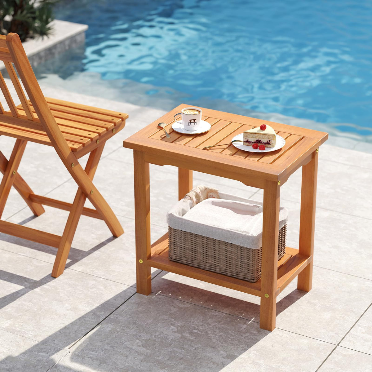 Tangkula Outdoor Side Table, 2-Tier Patio End Table with Slatted Tabletop & Storage Shelf, Acacia Wood Accent Bistro Table for Backyard, Poolside, Garden, Indoor, Natural (2)