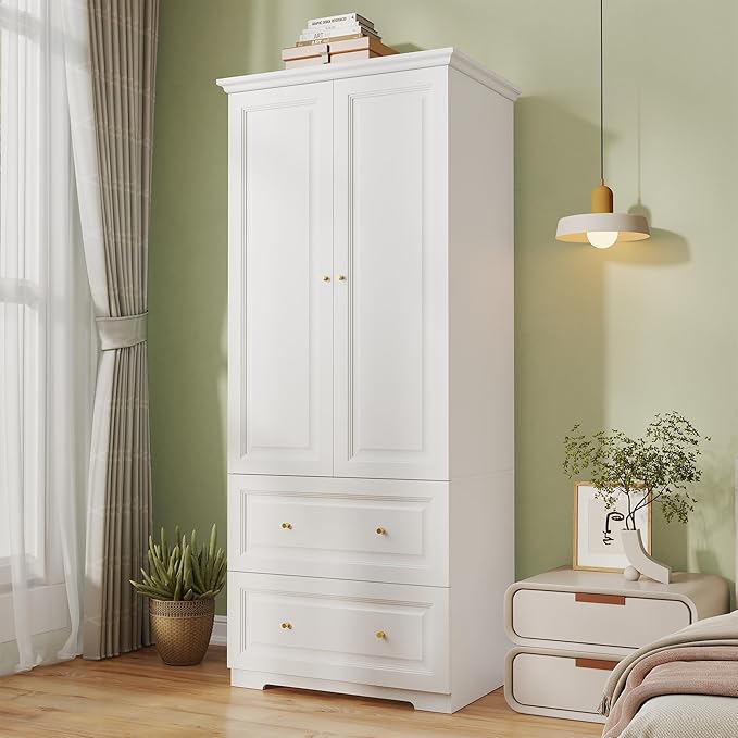 Wardrobe Closet with Drawers and Hanging Rod