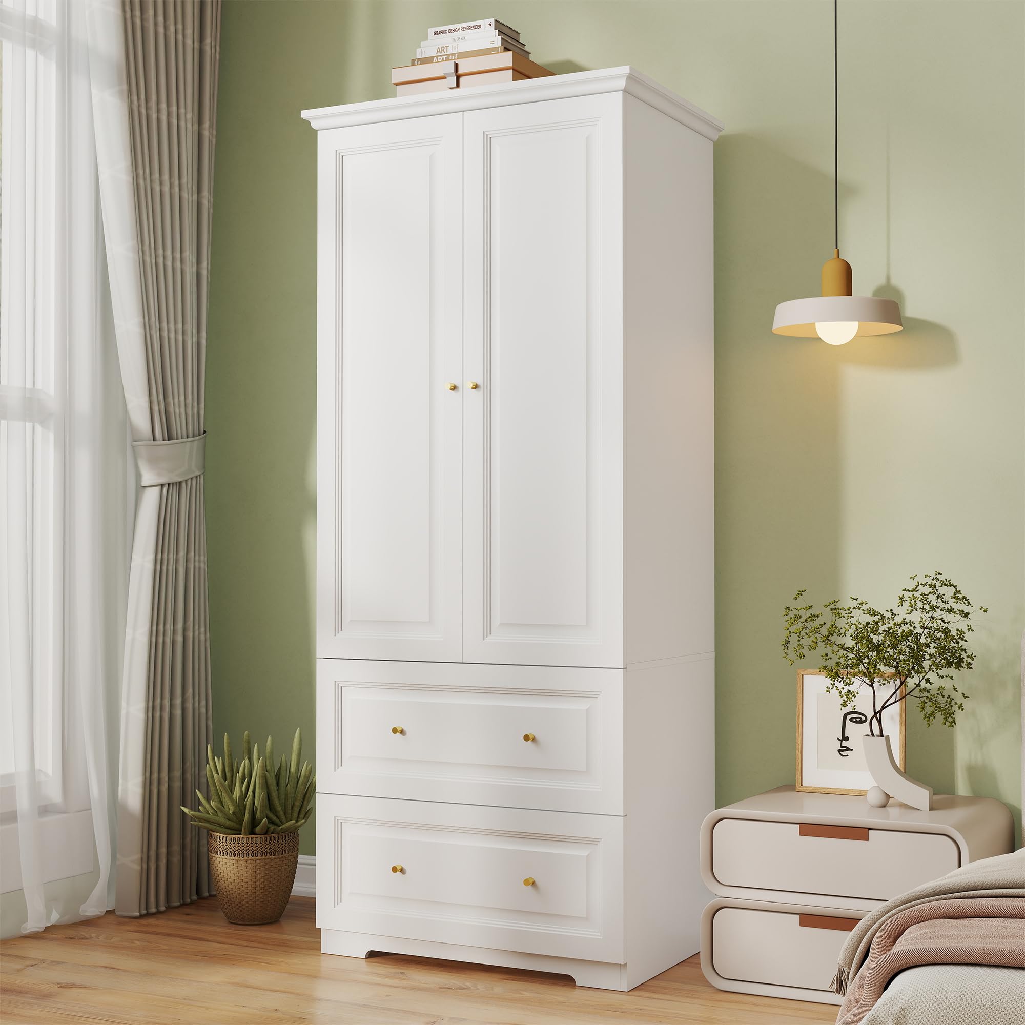 Mhsatyrs Armoire Wardrobe Closet with Drawers: Large White Wardrobe Closet with 2 Doors and 2 Drawers, Wooden Bedroom Armoires Storage Cabinet with Hanging Rod and Shelves (32")