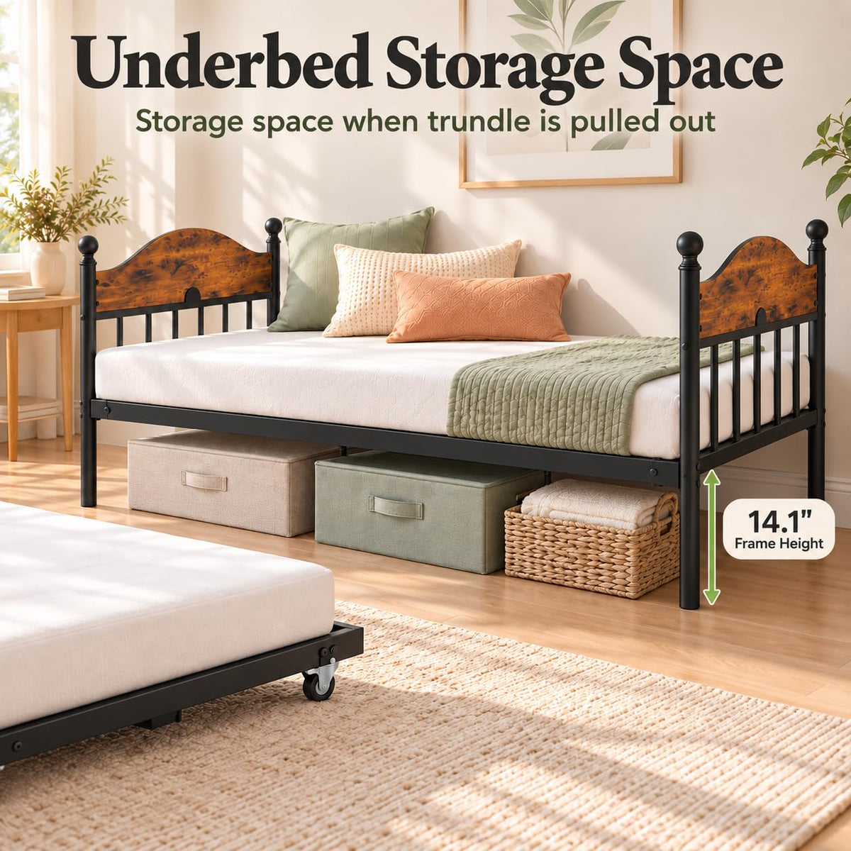 IDEALHOUSE Twin Daybed with Trundle, Foldable Pop Up Metal Twin Bed Frame