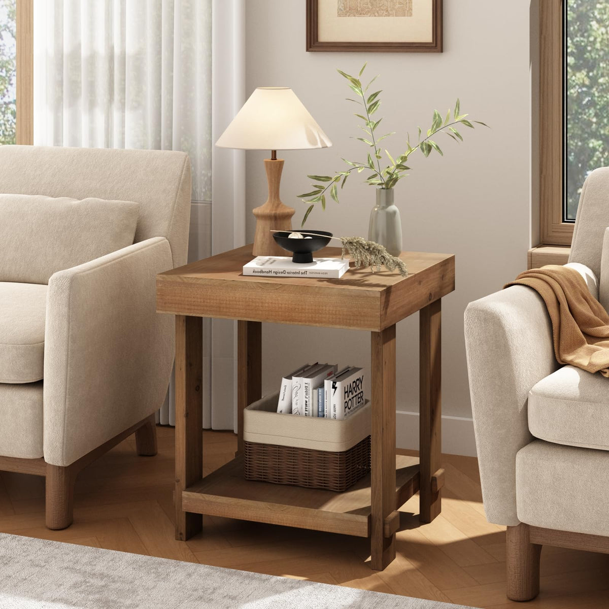 WINWY Solid Wood End Table for Living Room Set of 2, Easy Assembly