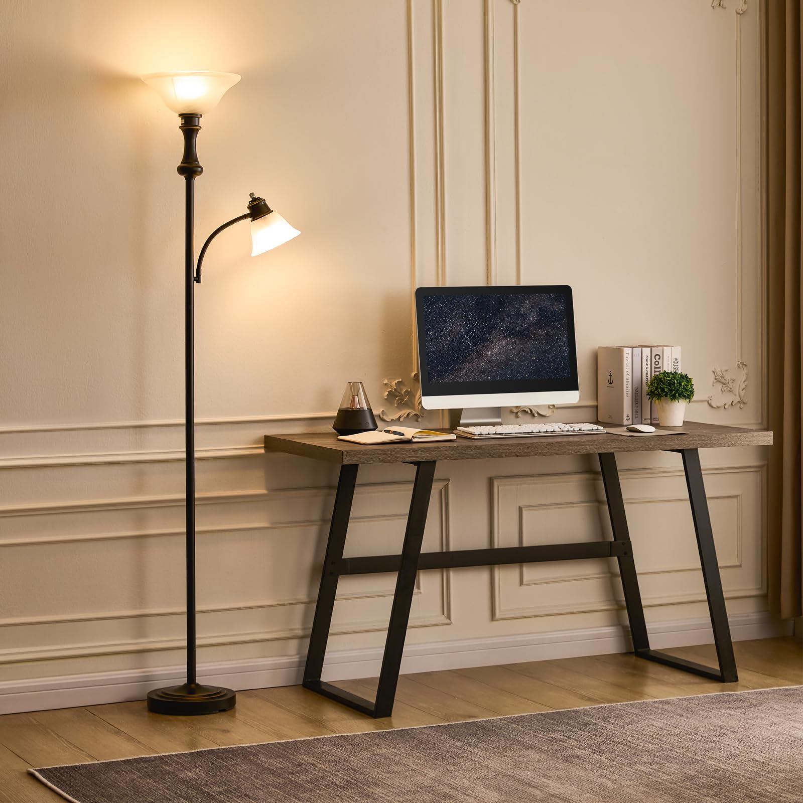 Leasgy 71'' Floor Lamps for Living Room, Tall Floor Lamp for Bedroom with Adjustable Angle Arc Reading lamp, Modern Torchiere Standing lamp with Glass Shade, Knob Switch, Bulb Included, Black
