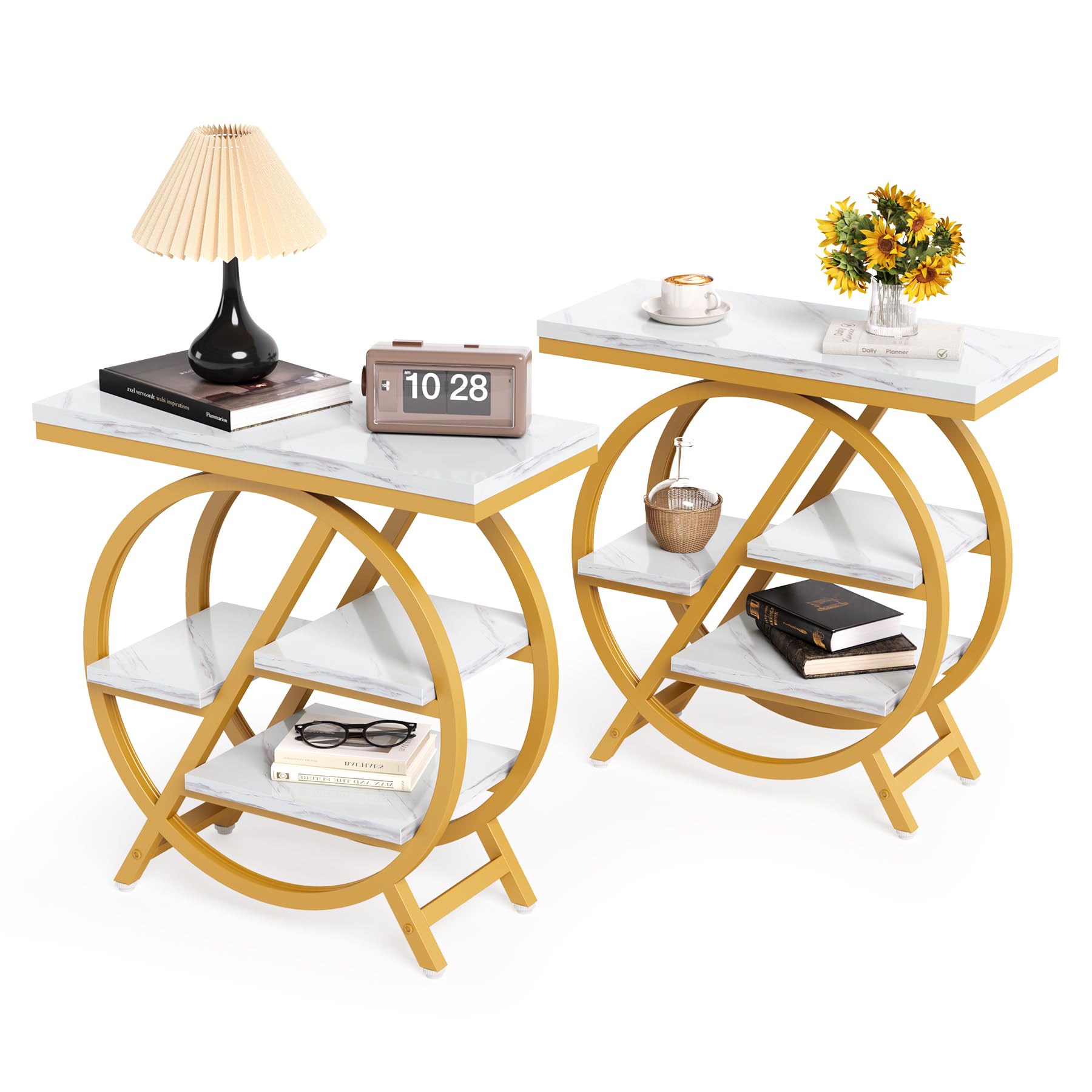LITTLE TREE End Table Set of 2, 4-Tier Narrow Faux Marble Side Table with Large Storage Space, Modern Nightatsnd and Bedside Table for Living Room, Home Office, Bedroom, White and Gold