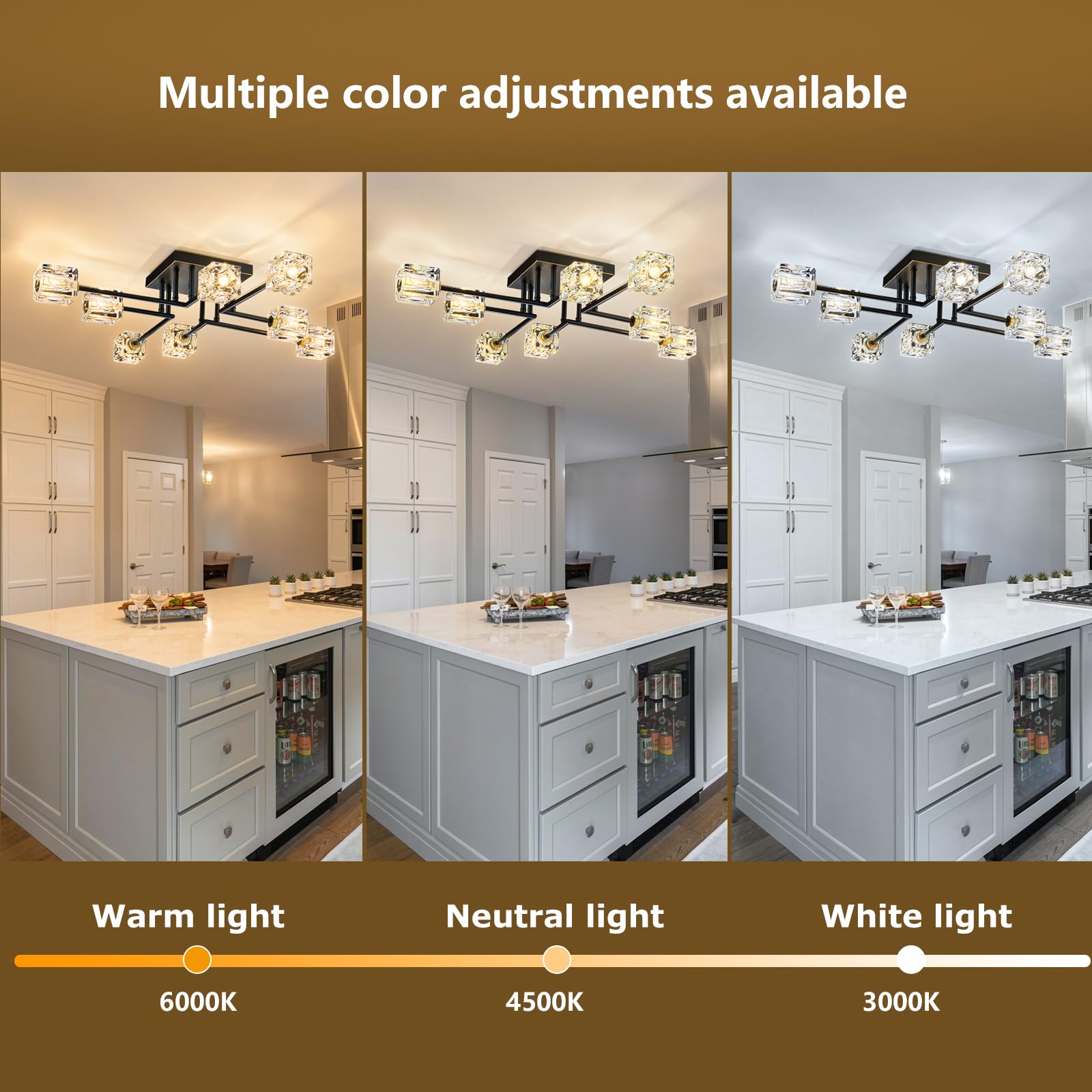 Modern Sputnik Crystal Semi Flush Mount Ceiling Light, 8-Light Black and Gold Crystal Ceiling Fixture for Dining Room, Living Room, Kitchen Island, Bedroom，Entryway