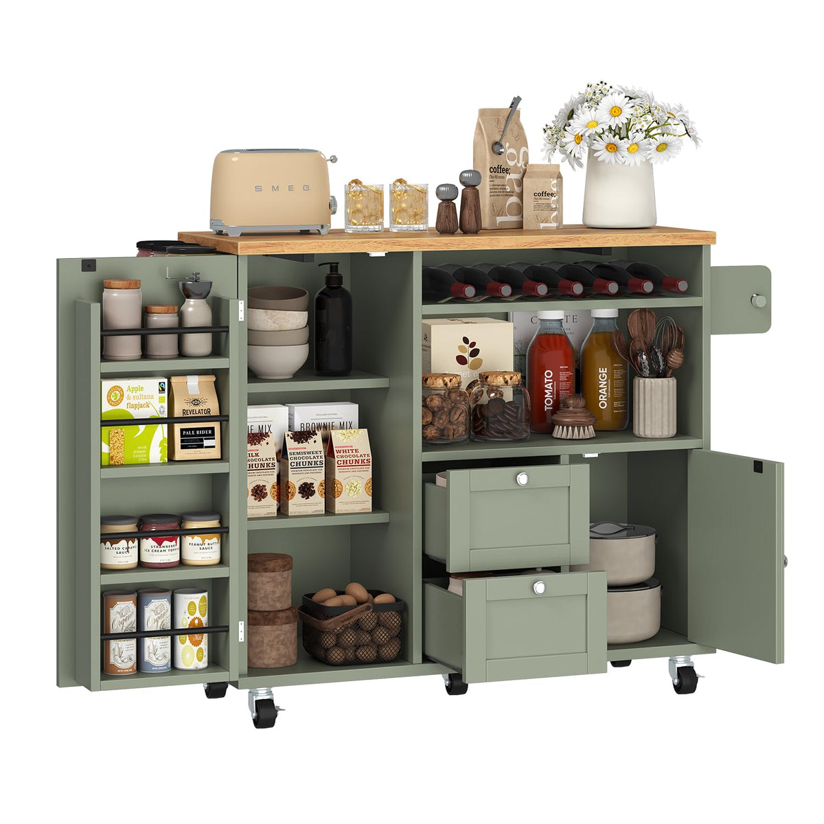 knoworld Rolling Kitchen Island with Storage Cabinet, 41.3'' Width Kitchen Cart with Desktop Drop Leaf Countertop, Portable Mobile Island with Towel Rack, Spice Rack Shelf and Lockable Wheels, Green