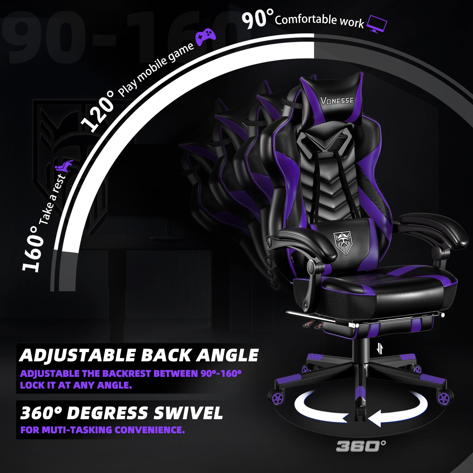 Vonesse Gaming Chair, Big and Tall Gaming Chair with Footrest and Massage, Gaming Chairs for Adults with Lumbar Support, Ergonomic High Back Computer Chair with Pocket Spring Cushion (Purple/Black)