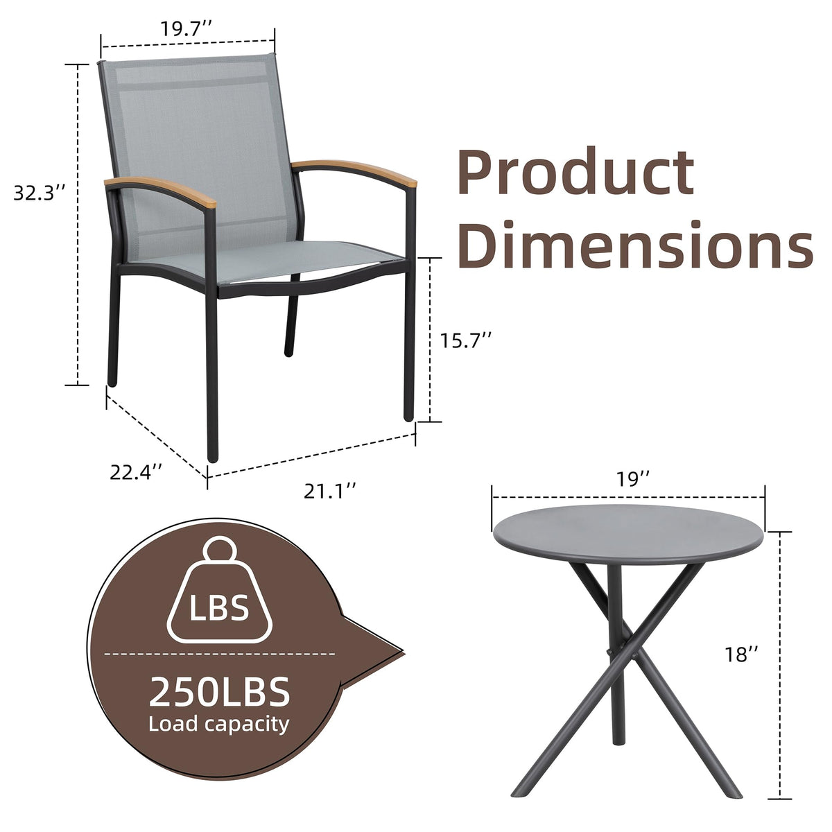Shintenchi 3 Pieces Patio Bistro Sets, Outdoor Textilene Fabric Conversation Bistro Set, Textilene Fabric Front Porch Chairs Small Patio Furniture Set with Table for Lawn,Garden,Balcony (Grey)