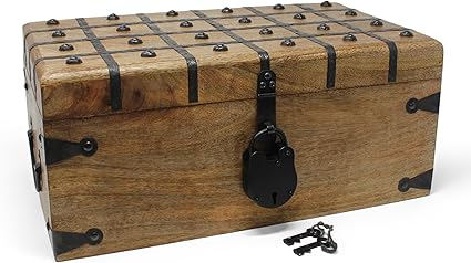Handcrafted Wooden Treasure Chest with Antique Iron Lock & Skeleton Key