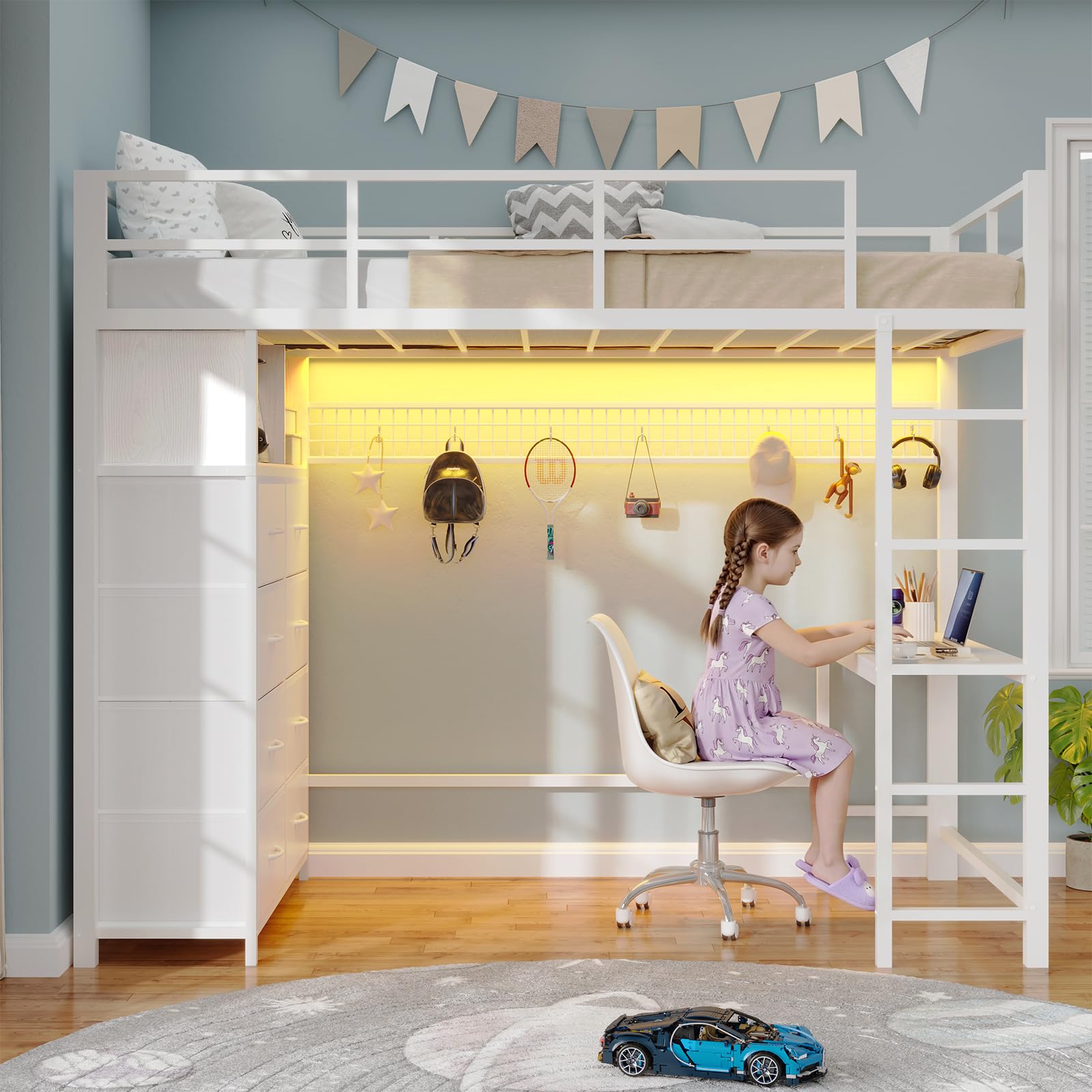 Twin Loft Bed with Desk, 8 Storage Drawers & LED Lights