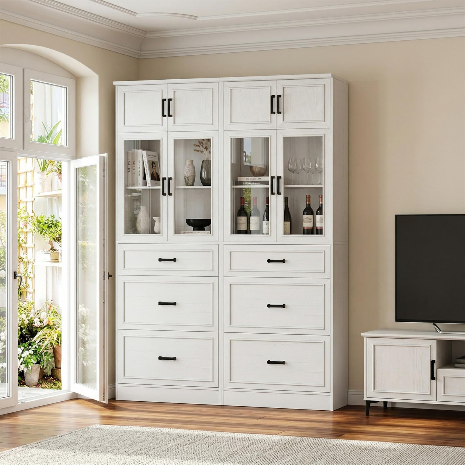 Unikito 80" Tall Kitchen Pantry Storage Cabinet with Glass Doors, Adjustable Shelves & 6 Drawers, Versatile Tall Storage Cupboard for Kitchen, Dining Room, Living Room, Bathroom, Off White