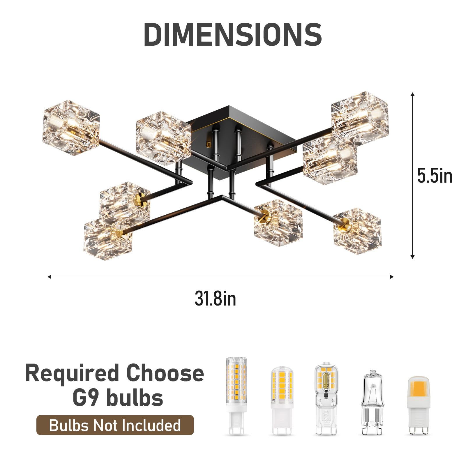 Modern Sputnik Crystal Semi Flush Mount Ceiling Light, 8-Light Black and Gold Crystal Ceiling Fixture for Dining Room, Living Room, Kitchen Island, Bedroom，Entryway