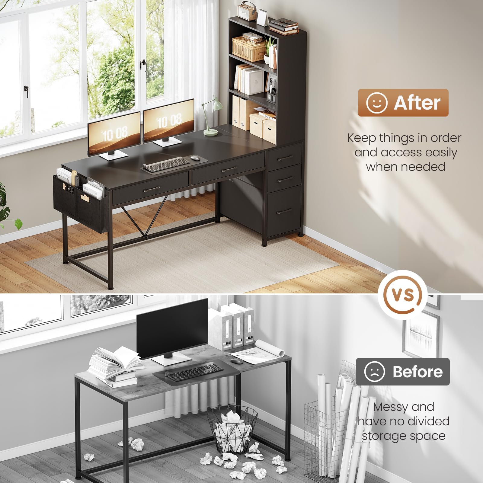 Reversible Gaming & Home Office Desk with Drawers, Bookshelf & RGB LED Lights