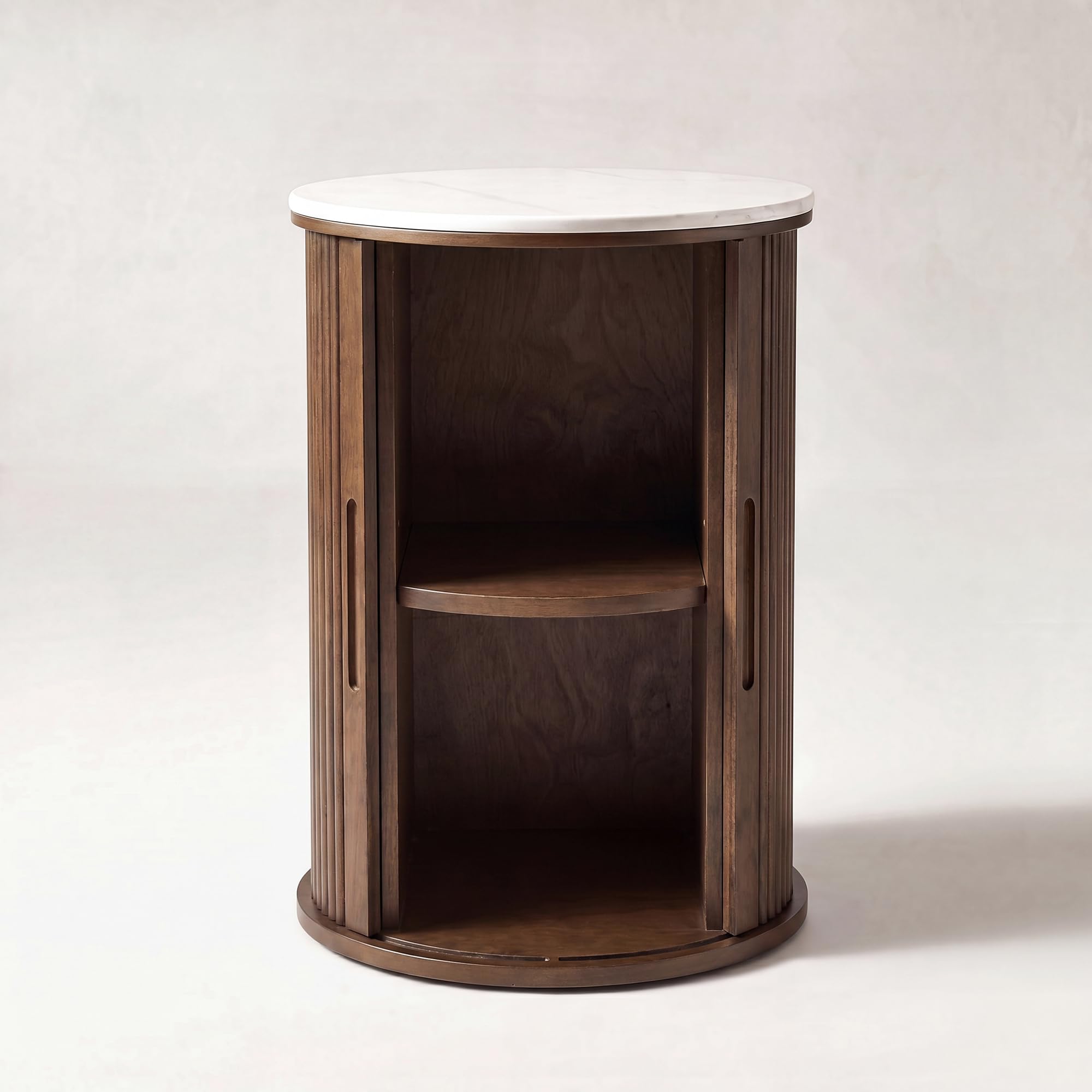 Farati Round Fluted End Table with Storage, Dark Walnut Side Table with White Sintered Stone Top, Sliding Tambour Door Nightstand, 17.4 Inch Small Accent Stand for Living Room Bedroom