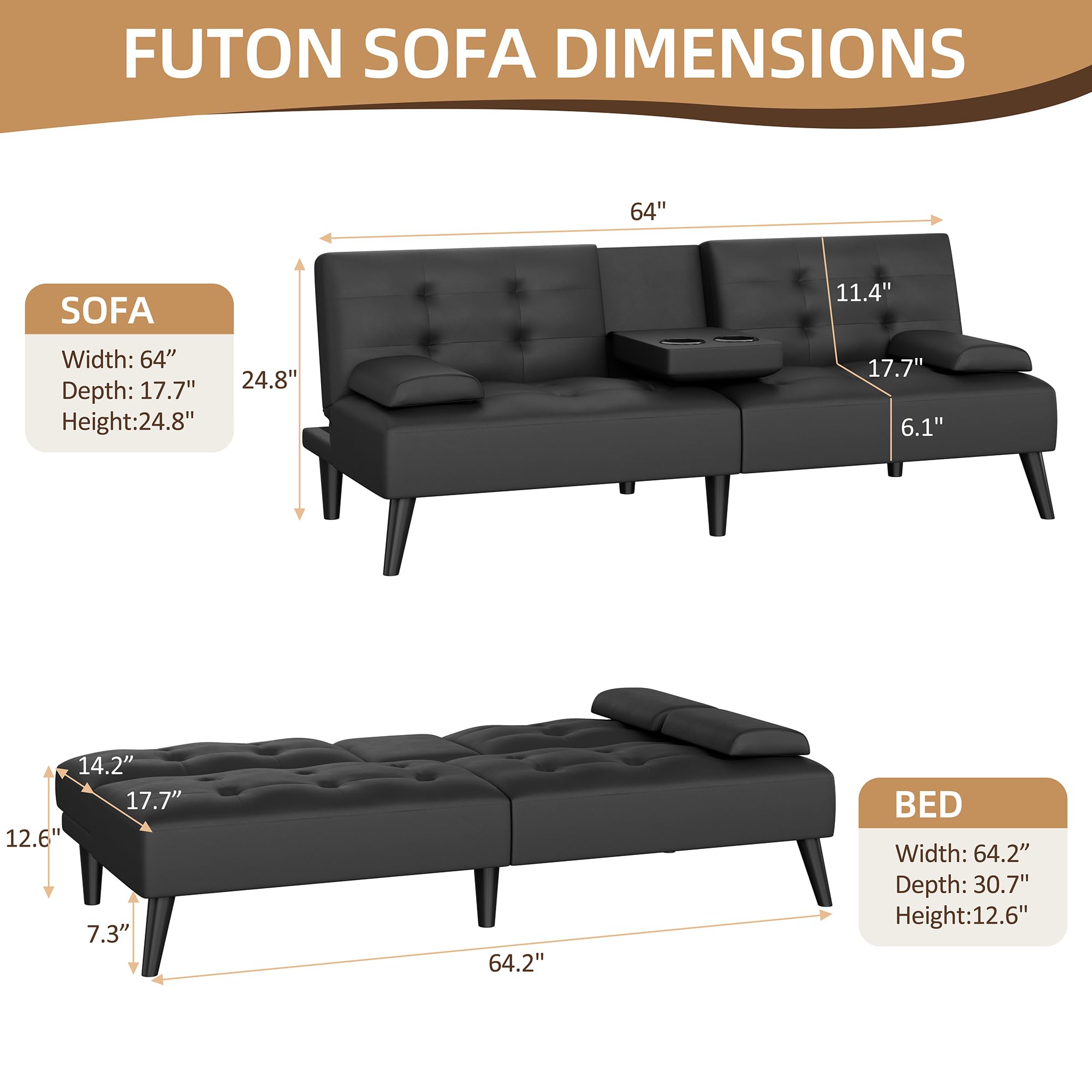 Foldable Futon Sofa Bed with Reclining Backrest & Cup Holders