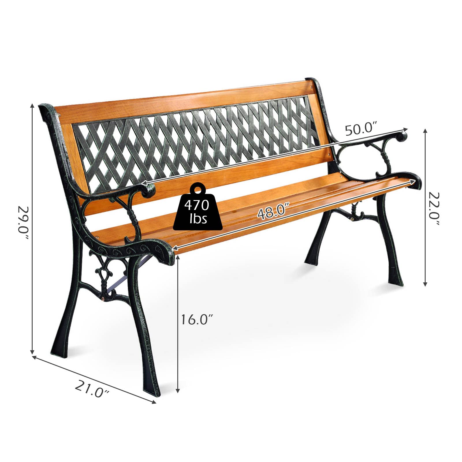 S AFSTAR Garden Bench, Pine Park Bench Porch Bench with Diamond Weaving Backrest, 470 LBS Bearing Capacity, Weatherproof Outdoor Wood Bench for Backyard Deck Lawn Poolside