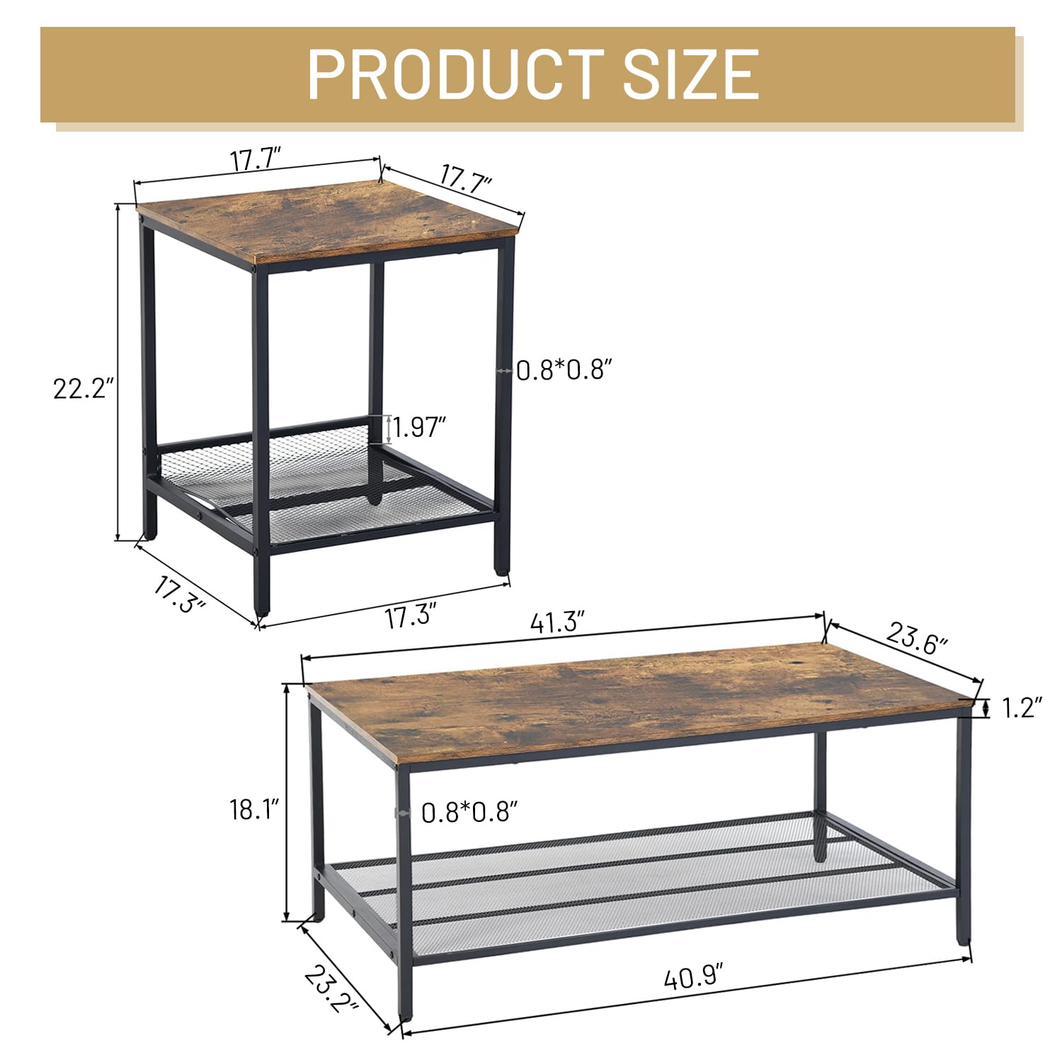 3-Piece Coffee & End Table Set with Metal Frame