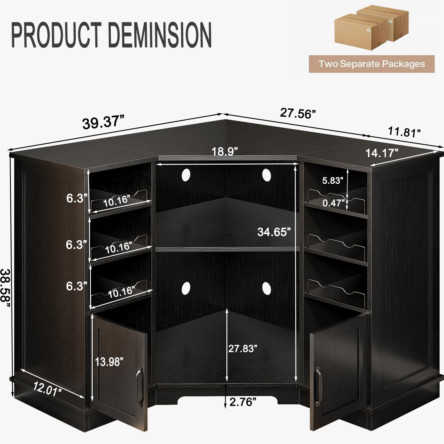 HSH Corner Bar Cabinet with Mini Fridge Space, Modern Wood Bar Cabinet with Wine Racks & Storage Doors, Large Liquor & Wine Cabinet for Kitchen Living Room Home Bar, Black Oak, 40 Inch