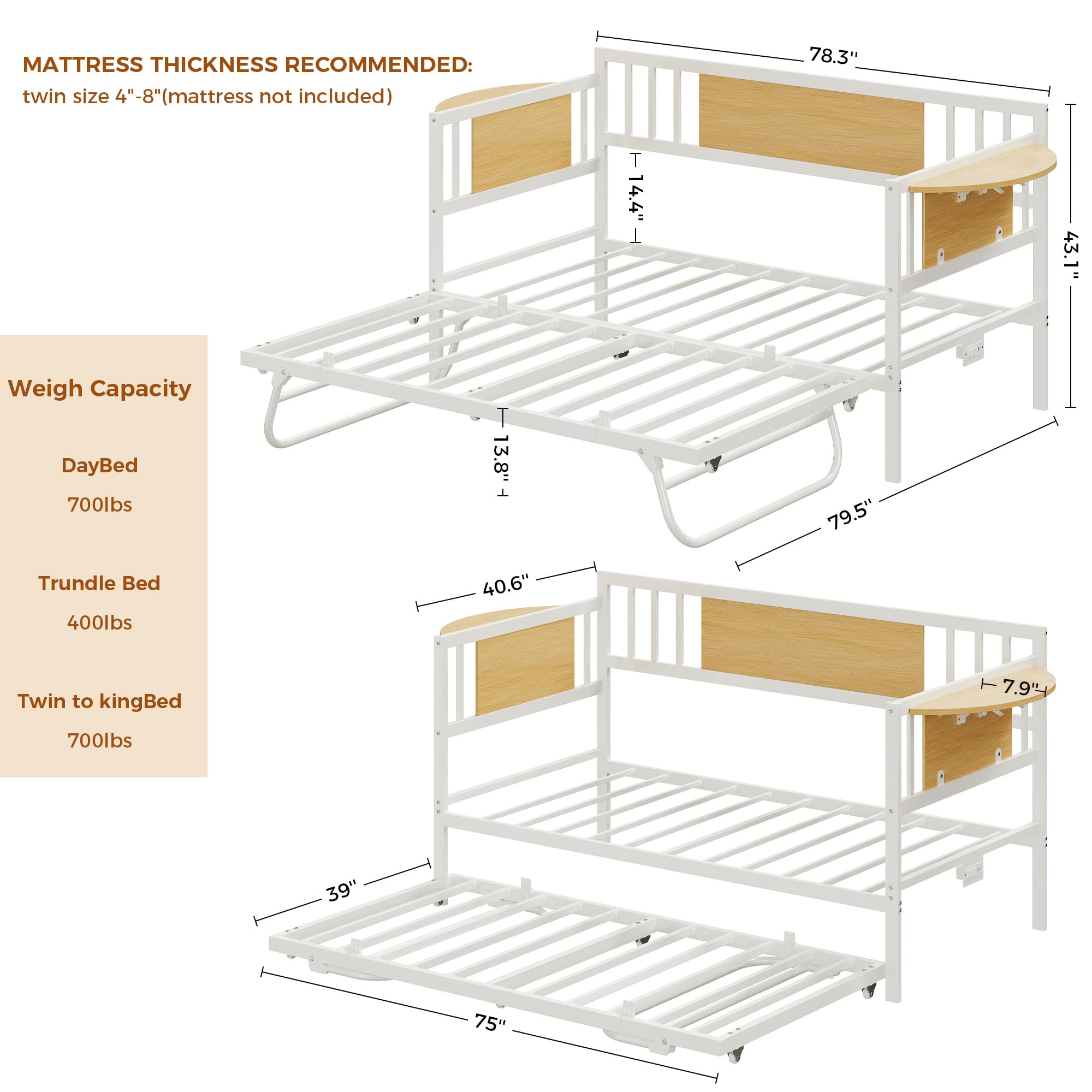 Twin Daybed with Trundle, LED Lights & Charging Station