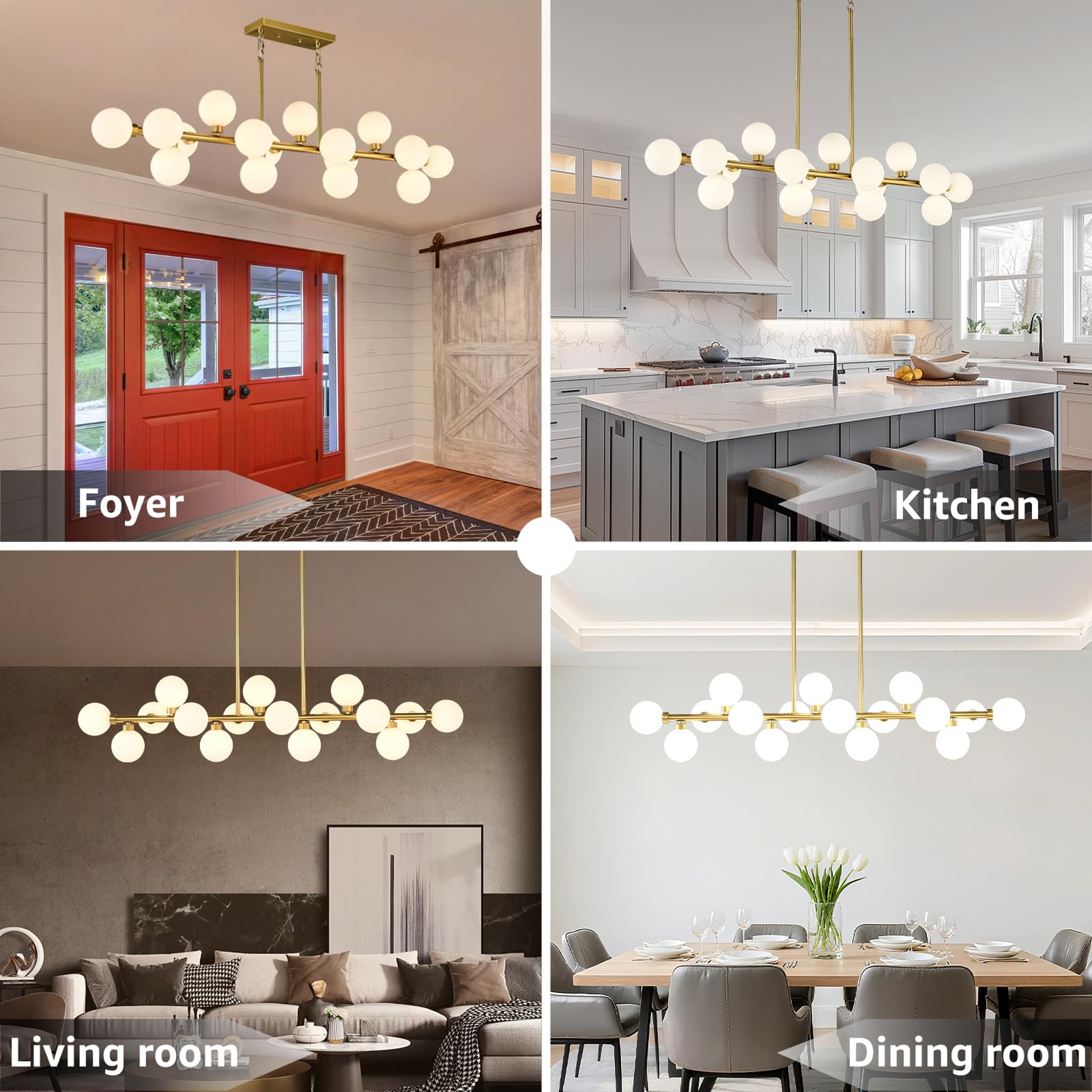 EGM 55" L Gold Linear Chandelier, 16-Light Bubble Chandeliers for Dining Room Foyer, Modern Sputnik Light Fixture with Milk White Glass Lampshades, Extra Large Kitchen Island Chandeliers Over Table