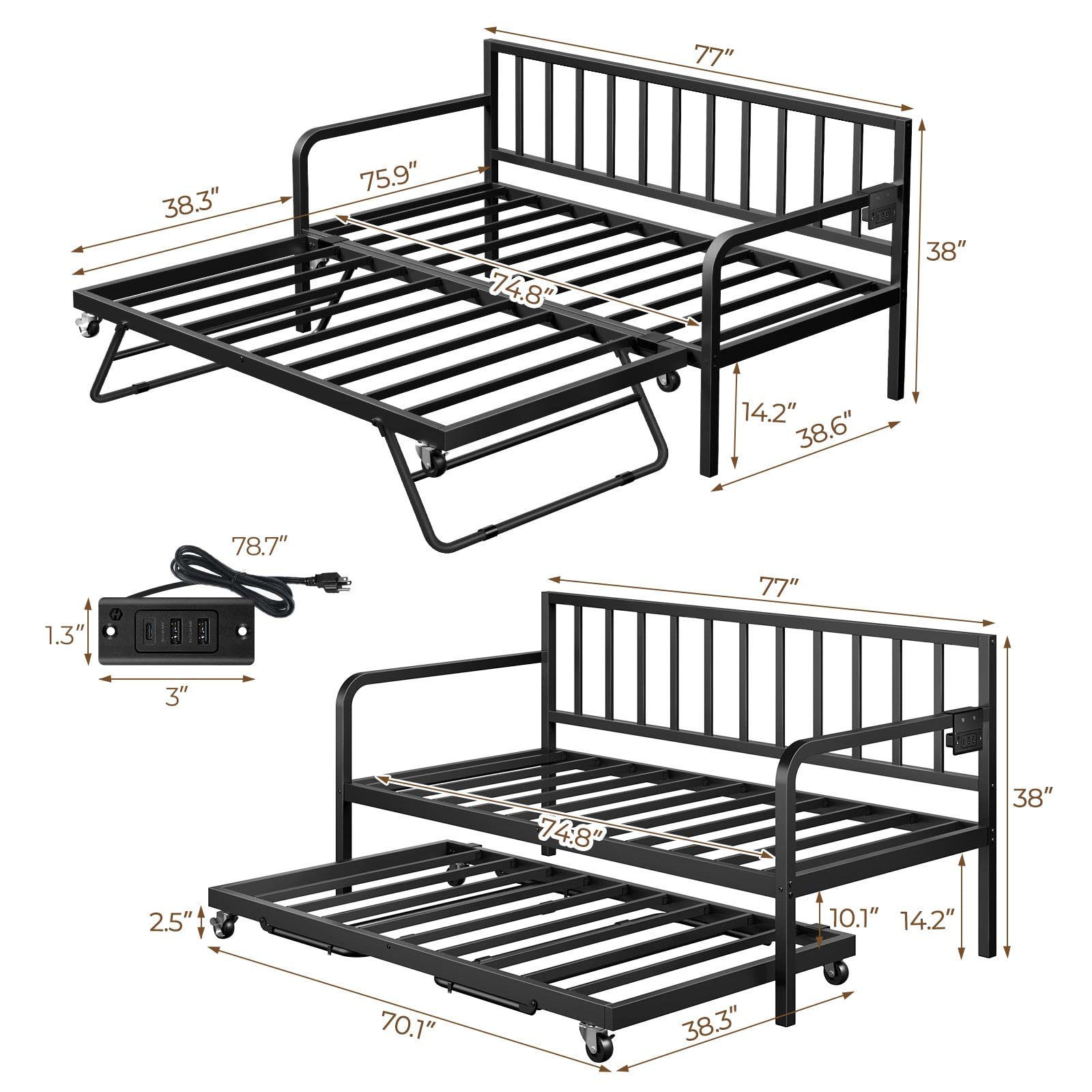 Twin Daybed with Trundle, Charging Station & LED Lights