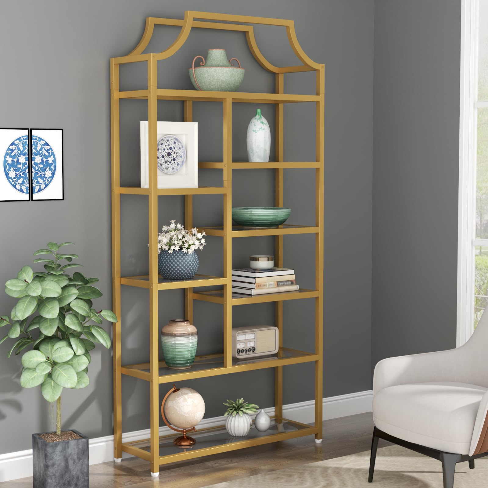 8-Tier Tempered Glass Etagere Bookshelf – Gold Metal Frame