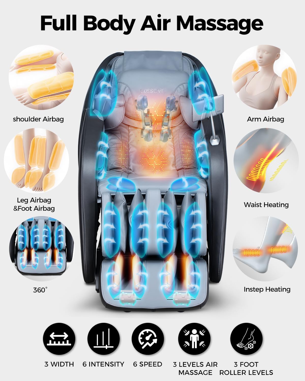 BOSSCARE 4D Massage Chair Full Body Zero Gravity Shiatsu Messager Chair-SL Track AI APP Body Scanning Heating Back Foot Recliner-Massaging Chairs for Office Home