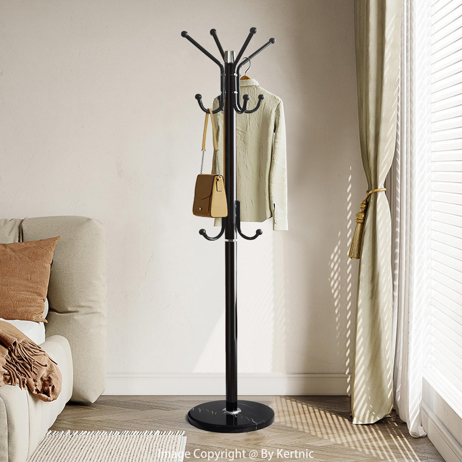 Freestanding Coat Rack with Marble Base & 11 Hooks