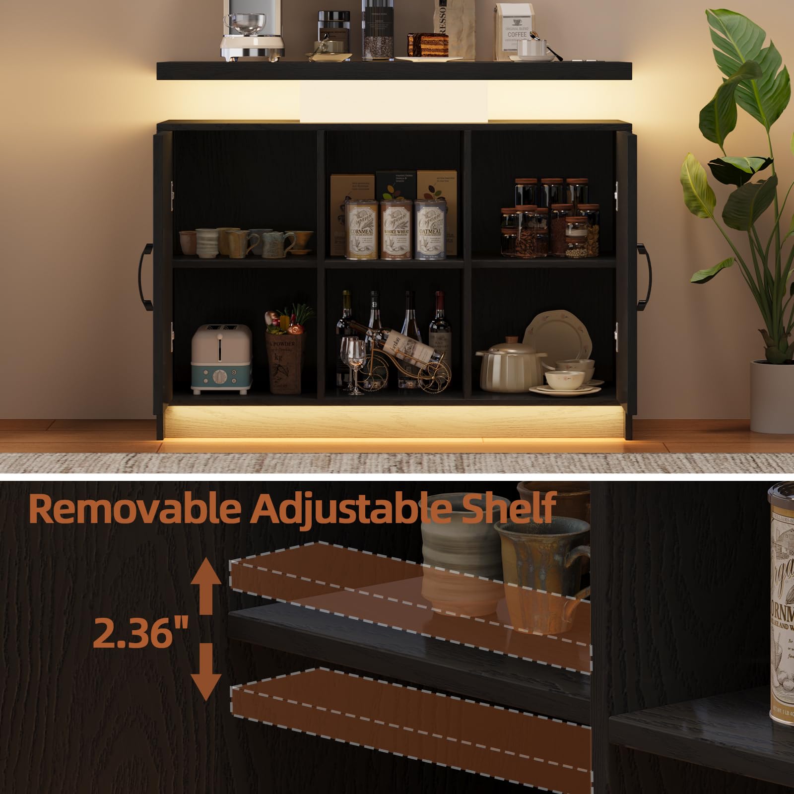 4 EVER WINNER Coffee Bar Cabinet with LED, Sideboard Buffet Cabinet with Storage, Coffee Station Cabinet with Charging Station, Black Coffee Bar for Kitchen, Dining Room