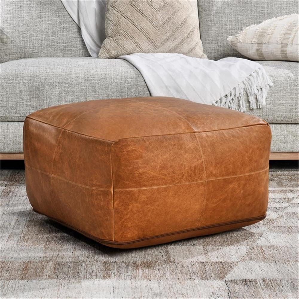 Square Genuine Leather Pouf Ottoman – Chestnut Brown