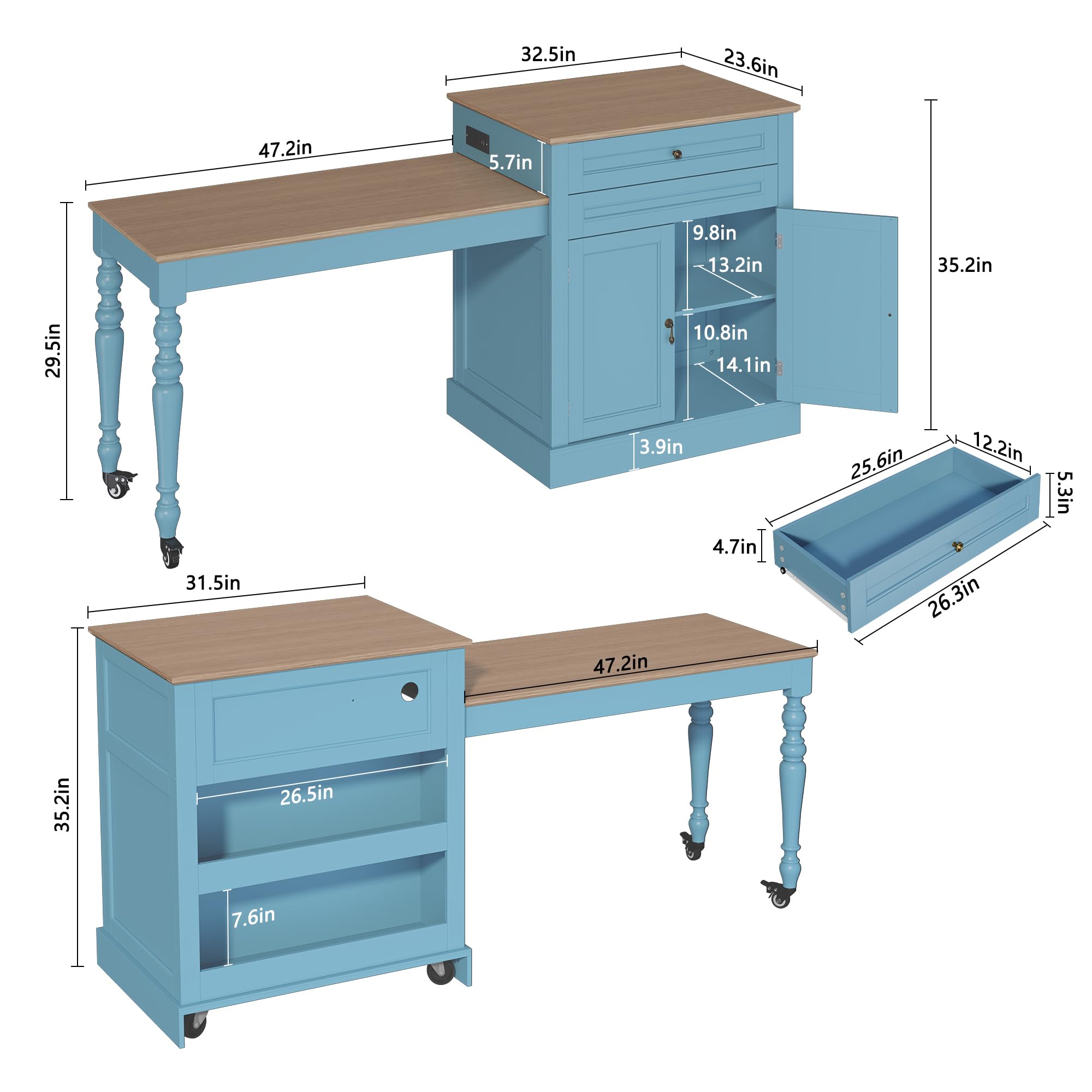 Extendable Kitchen Island with Power Outlet & Storage