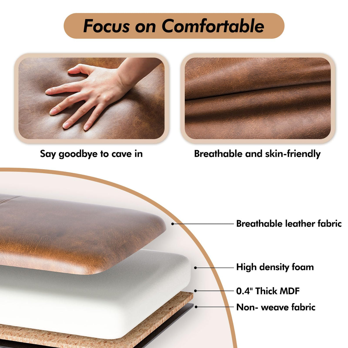 ZZW Storage Ottoman Bench, 51" Length Upholstered End of Bed Storage Bench for Bedroom with Safety Hinge, Tufted Bed Benches with Rolled Arm and Nailhead Trim for Living Room, Entryway Brown
