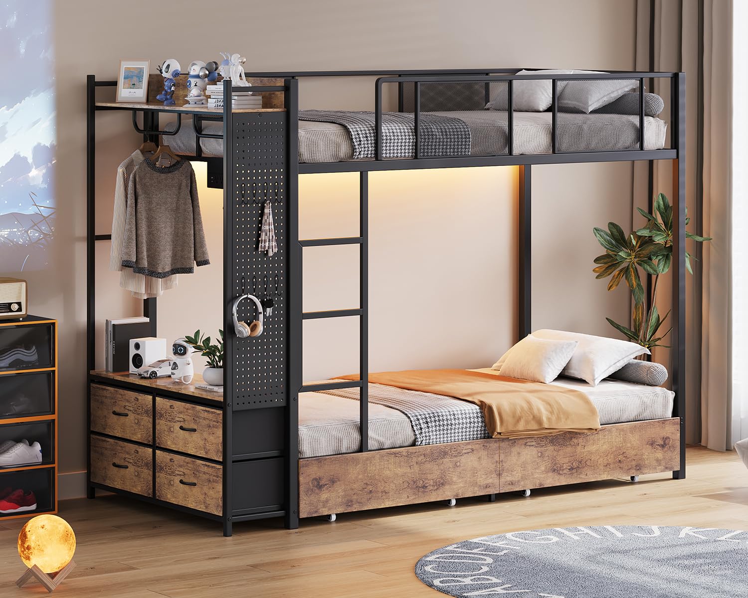 Twin Over Twin Bunk Bed with Hall Tree, LED Lights & Storage